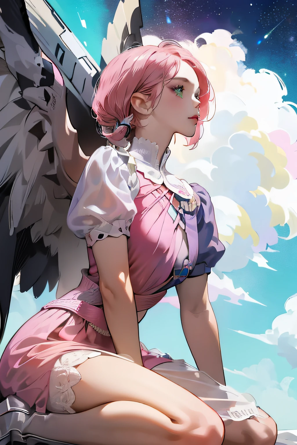 Alisa bosconovitch, melhor qualidade, contemporary, estilo plano, minimalismo, Green Eyes Flat Illustration, cabelo rosa, cabelo curto, cabelos multicoloridos, Camisa Preta, mechanical wings, Head Portrait Close-U, peito pontudo, decote, super decote, middlebreasts, Tekken,cabelo rosa pastel, 1girl, em quimono, hand-painted,Desenho de linha sem cor, colorida do yandere pastel, Tekken, Super cute pink hair girl with gothic makeup on the side, com roupa de empregada,figura esbelta,robusto,He sat on the floor,Vestido com roupas de empregada rosa e branco,cabelos muito curtos,com orelhas de gato,quadratic element,, kawaii cor-de-rosa na roupa da era de 1910, Alisa Bosconovich pink lips, no estilo da paleta de cores suave aurorapunk, an anime illustration of his face, gifs animados, hand drawn animation, charming sketches, suave e brilhante, romantismo nebuloso, Estilo Superflat, fundo branco - ar 1:1 - niji 5 - estilo expressivo --s 50 ,Pink kawaii girl in the era of 1920s clothesPink eagles, vestindo uma camisa branca brilhante, no estilo da paleta de cores suave aurorapunk, an anime illustration of his face, gifs animados, hand drawn animation, charming sketches, suave e brilhante, romantismo nebuloso, Estilo Superflat, fundo branco - ar 1:1 - niji 5 - estilo expressivo --s 50, Absurdo, Altas, ultra detalhados, (1girl:1.3), quebrar , Crie uma imagem com uma bela caligrafia