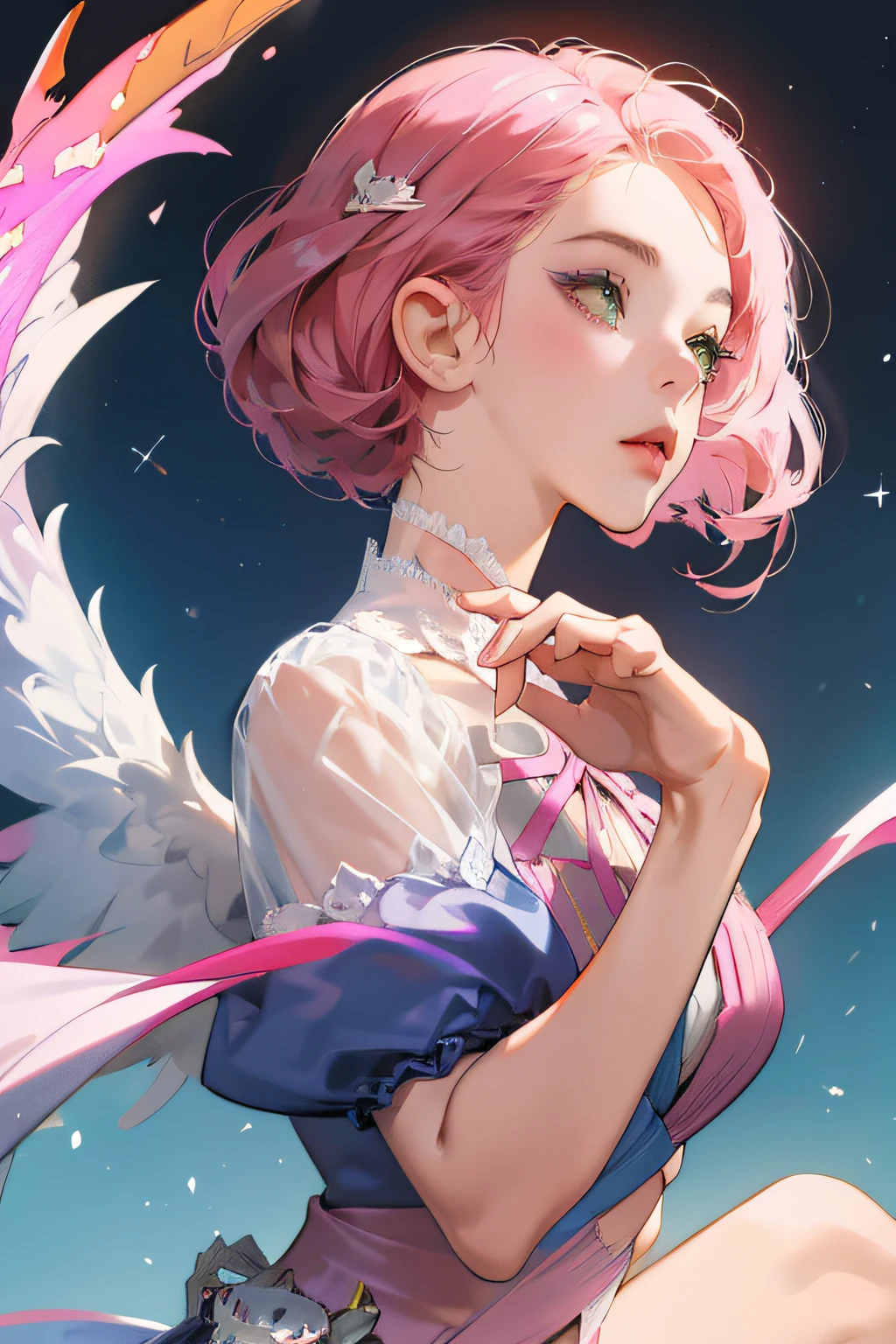 Alisa bosconovitch, melhor qualidade, contemporary, estilo plano, minimalismo, Green Eyes Flat Illustration, cabelo rosa, cabelo curto, cabelos multicoloridos, Camisa Preta, mechanical wings, Head Portrait Close-U, peito pontudo, decote, super decote, middlebreasts, Tekken,cabelo rosa pastel, 1girl, em quimono, hand-painted,Desenho de linha sem cor, colorida do yandere pastel, Tekken, Super cute pink hair girl with gothic makeup on the side, com roupa de empregada,figura esbelta,robusto,He sat on the floor,Vestido com roupas de empregada rosa e branco,cabelos muito curtos,com orelhas de gato,quadratic element,, kawaii cor-de-rosa na roupa da era de 1910, Alisa Bosconovich pink lips, no estilo da paleta de cores suave aurorapunk, an anime illustration of his face, gifs animados, hand drawn animation, charming sketches, suave e brilhante, romantismo nebuloso, Estilo Superflat, fundo branco - ar 1:1 - niji 5 - estilo expressivo --s 50 ,Pink kawaii girl in the era of 1920s clothesPink eagles, vestindo uma camisa branca brilhante, no estilo da paleta de cores suave aurorapunk, an anime illustration of his face, gifs animados, hand drawn animation, charming sketches, suave e brilhante, romantismo nebuloso, Estilo Superflat, fundo branco - ar 1:1 - niji 5 - estilo expressivo --s 50, Absurdo, Altas, ultra detalhados, (1girl:1.3), quebrar , Crie uma imagem com uma bela caligrafia