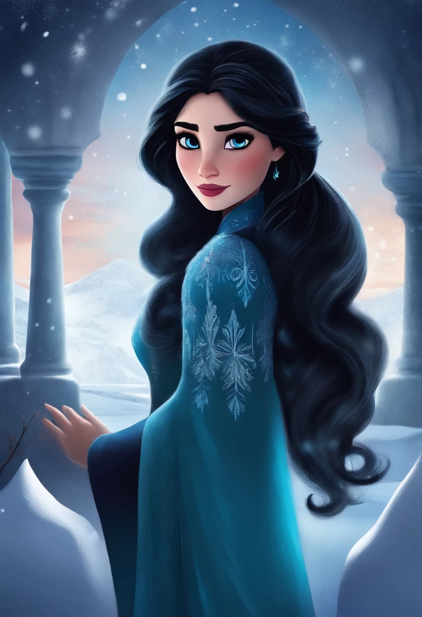 Raising a girl on an ice scene, a Disney character from the movie Frozen, Ana has long black hair and black eyes