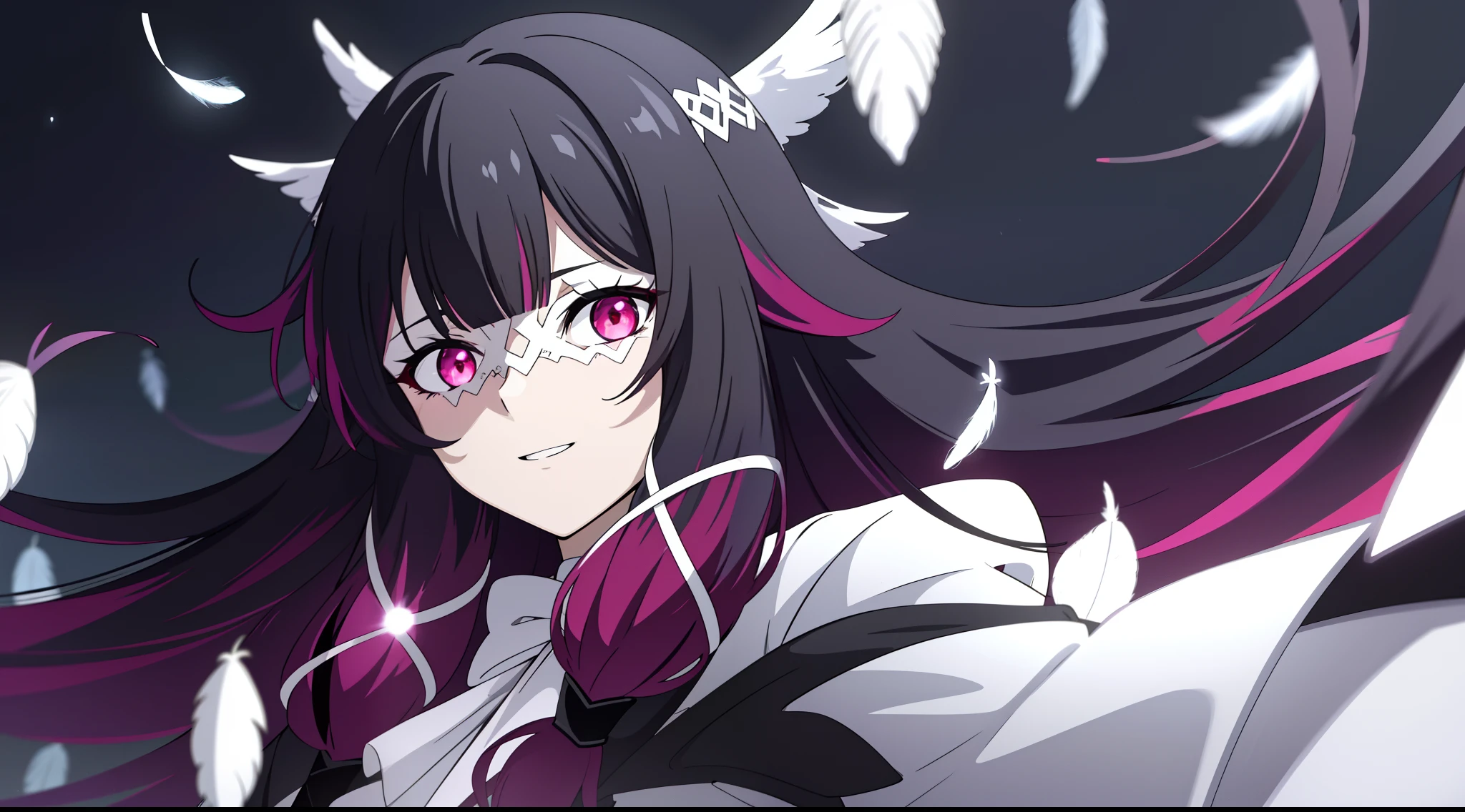 1girl, long hair, black hair, red hair, solo, open eyes, eye_mask, head wings, hair ornament, blunt bangs, light blue spotlight shining down, feathers, dark, falling feathers, evil, mysterious, black background, wind, smiling, jacket, top down view, view from above, wide bright neon pink eyes, looking at viewer, insane expression, crazy, glowing eyes, eyes as focus of image, multicoloured eyes, upper body