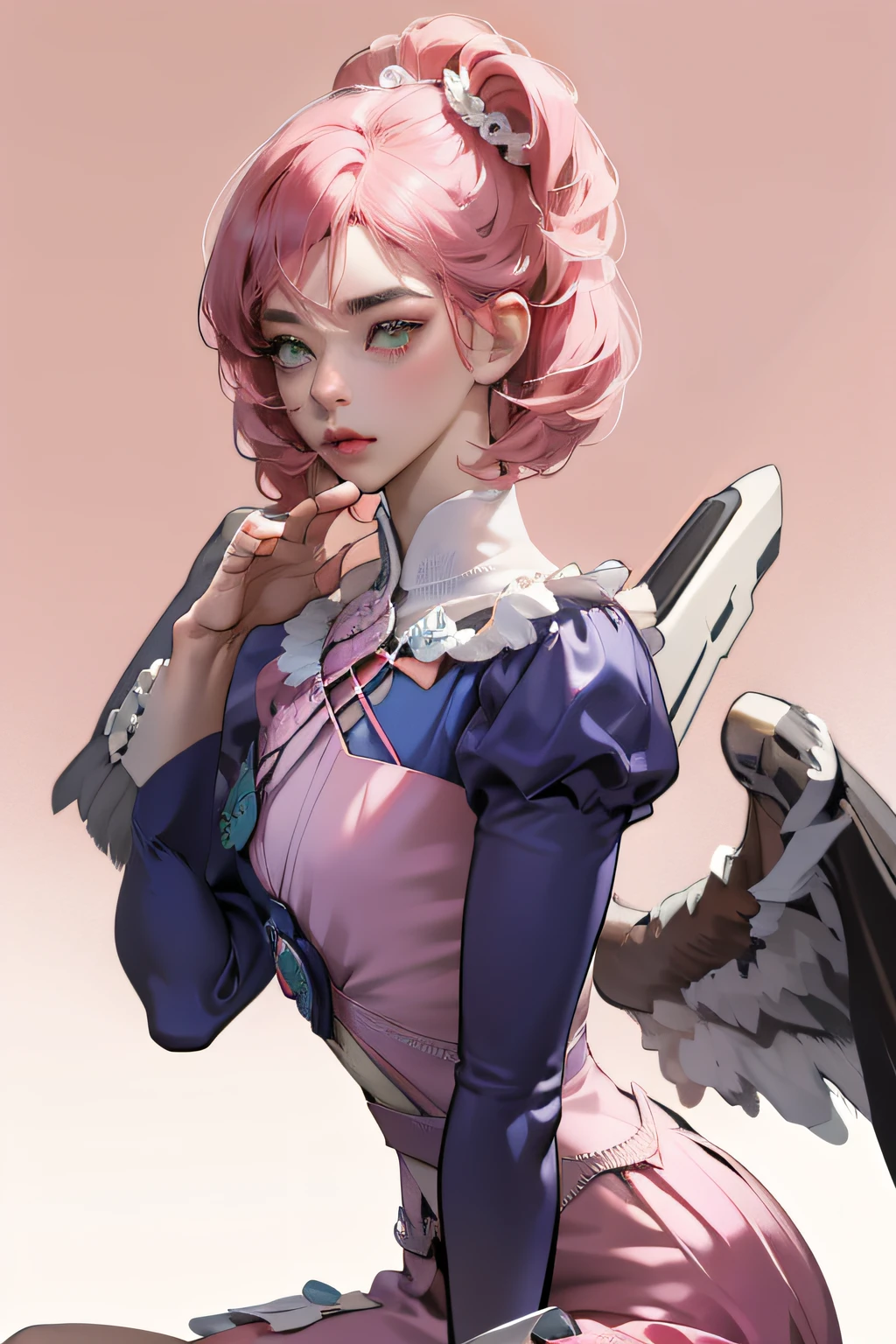 Alisa bosconovitch, melhor qualidade, contemporary, estilo plano, minimalismo, Green Eyes Flat Illustration, cabelo rosa, cabelo curto, cabelos multicoloridos, Camisa Preta, mechanical wings, Head Portrait Close-U, peito pontudo, decote, super decote, middlebreasts, Tekken，cabelo rosa pastel, 1girl, em quimono, hand-painted，Desenho de linha sem cor, colorida do yandere pastel, Tekken, Super cute pink hair girl with gothic makeup on the side, com roupa de empregada，figura esbelta，robusto，He sat on the floor，Vestido com roupas de empregada rosa e branco，cabelos muito curtos，com orelhas de gato，quadratic element，, kawaii cor-de-rosa na roupa da era de 1910, Alisa Bosconovich pink lips, no estilo da paleta de cores suave aurorapunk, an anime illustration of his face, gifs animados, hand drawn animation, charming sketches, suave e brilhante, romantismo nebuloso, Estilo Superflat, fundo branco - ar 1:1 - niji 5 - estilo expressivo --s 50 ,Pink kawaii girl in the era of 1920s clothesPink eagles, vestindo uma camisa branca brilhante, no estilo da paleta de cores suave aurorapunk, an anime illustration of his face, gifs animados, hand drawn animation, charming sketches, suave e brilhante, romantismo nebuloso, Estilo Superflat, fundo branco - ar 1:1 - niji 5 - estilo expressivo --s 50, Absurdo, Altas, ultra detalhados, (1girl:1.3), quebrar , Crie uma imagem com uma bela caligrafia