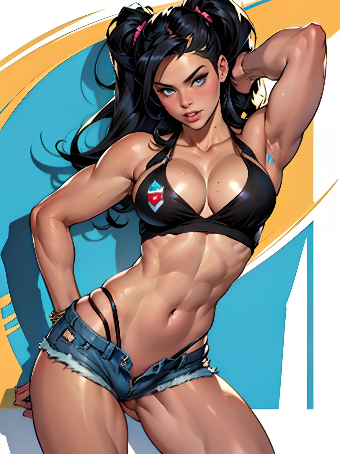 (high quality, best rendering), (beautiful girl), Blue Eyes, ((black long straight hair)),(bombshell, pin-up style), psychopath, crazy face, sexy pose, jean short shorts, tank top, pastel, centered, scale to fit dimensions, micro thong, micro bikini, camel toe
