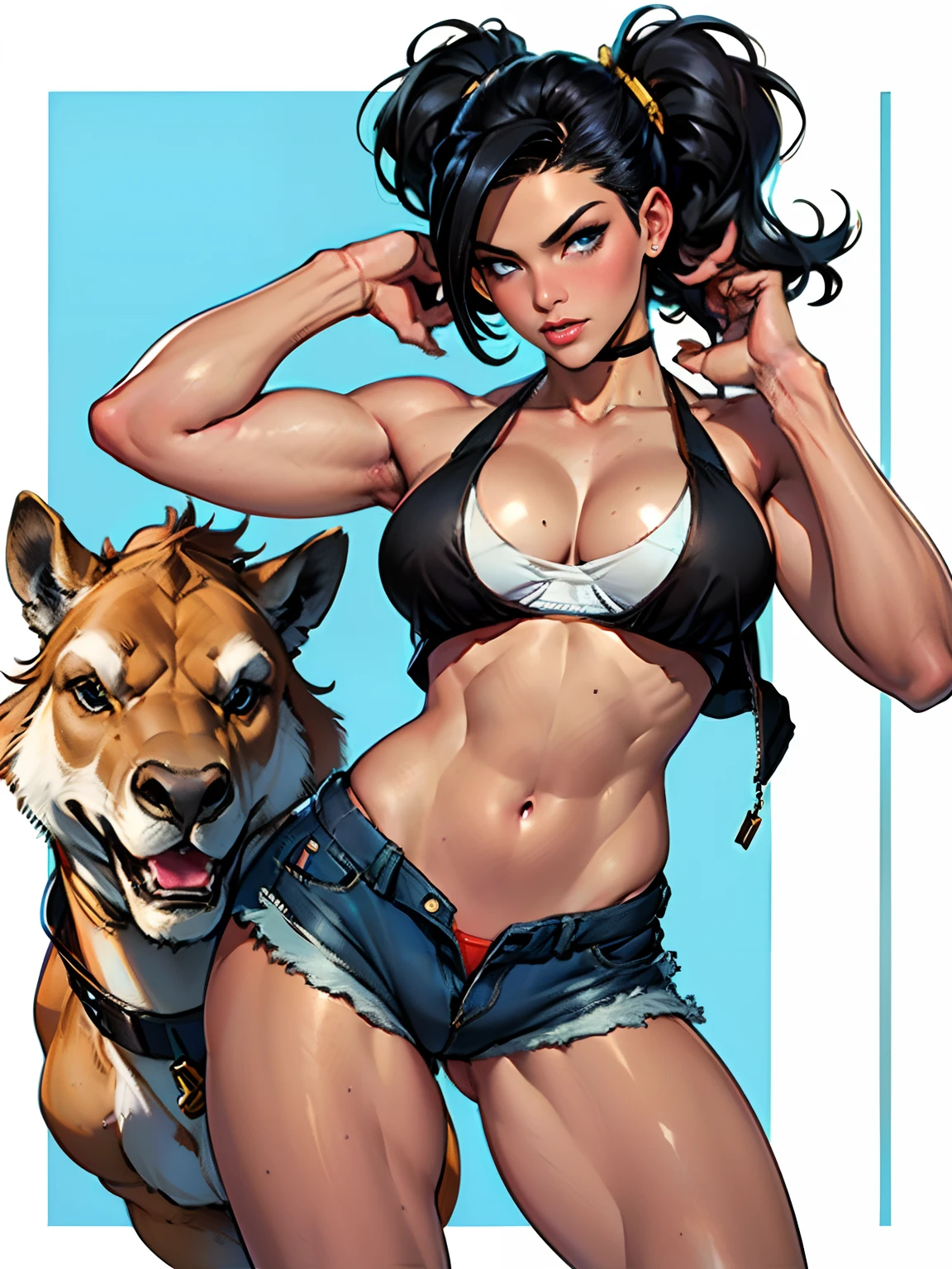 (high quality, best rendering), (beautiful girl), Blue Eyes, ((black long straight hair)),(bombshell, pin-up style), psychopath, crazy face, sexy pose, jean short shorts, tank top, pastel, centered, scale to fit dimensions, micro thong, micro bikini, camel toe