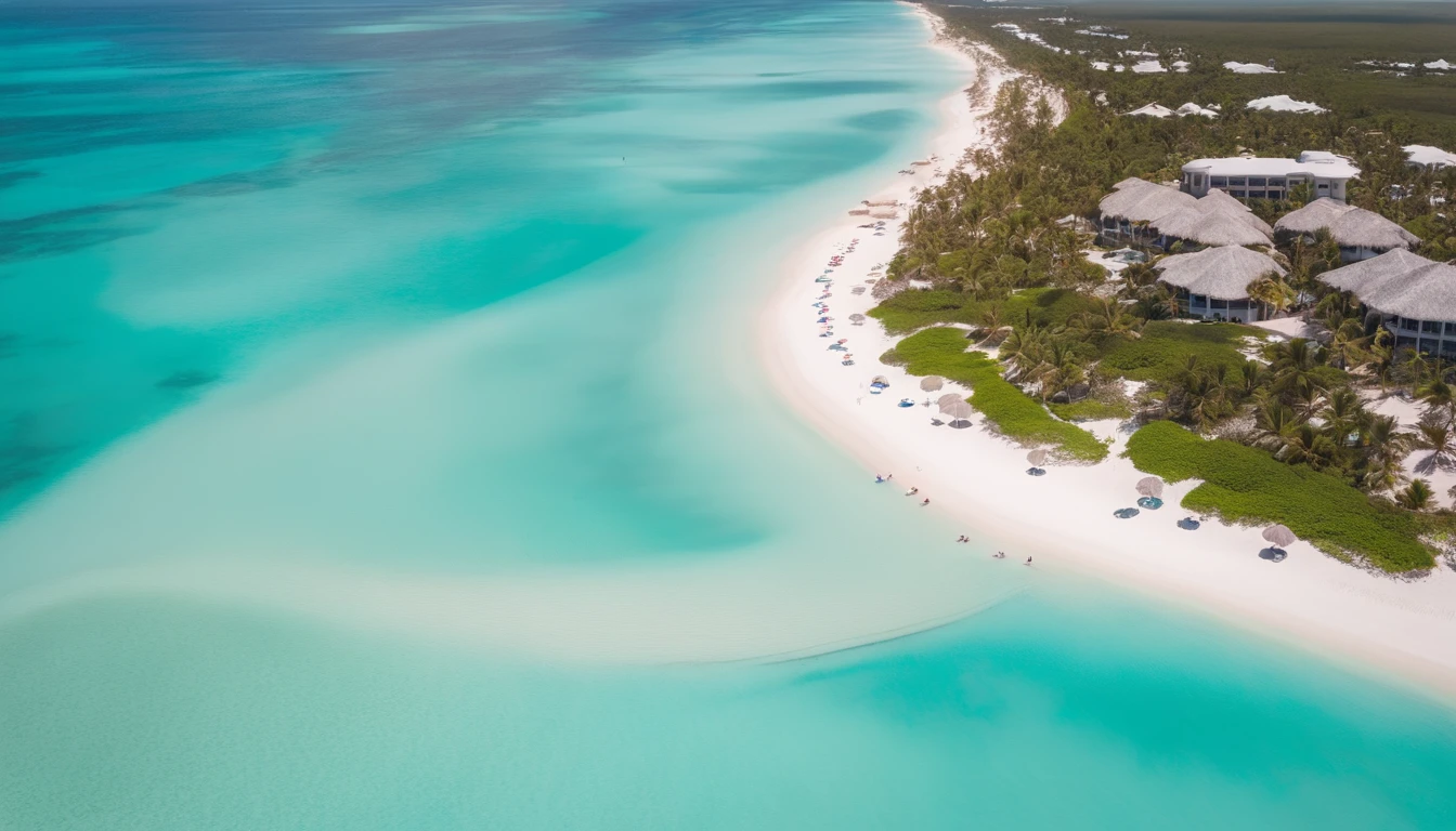 "Aerial view of Playa Blanca in Punta Cana, photo hyper-realism, 16k resolution. Medium: drone photography, Style: reminiscent of Gray Malin's beachscapes, Lighting: midday sun casting sharp shadows, Colors: turquoise waters against white sands, Composition: shot with DJI Phantom 4, bird's-eye view, f/11, ISO 100, shutter speed 1/500. --ar 16:9 --v 5.1 --style raw --q 2 --s 750"