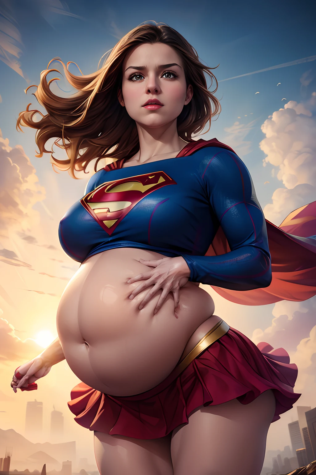 (best quality,4k,8k, high res, masterpiece:1.2),ultra-detailed, realistic, photorealistic:1.37, Supergirl, hyper pregnant,  hyperathletic, huge breasts,  huge pregnant belly, hovering off the ground, supergirl costume is tight and strained, red cape flow in the breeze