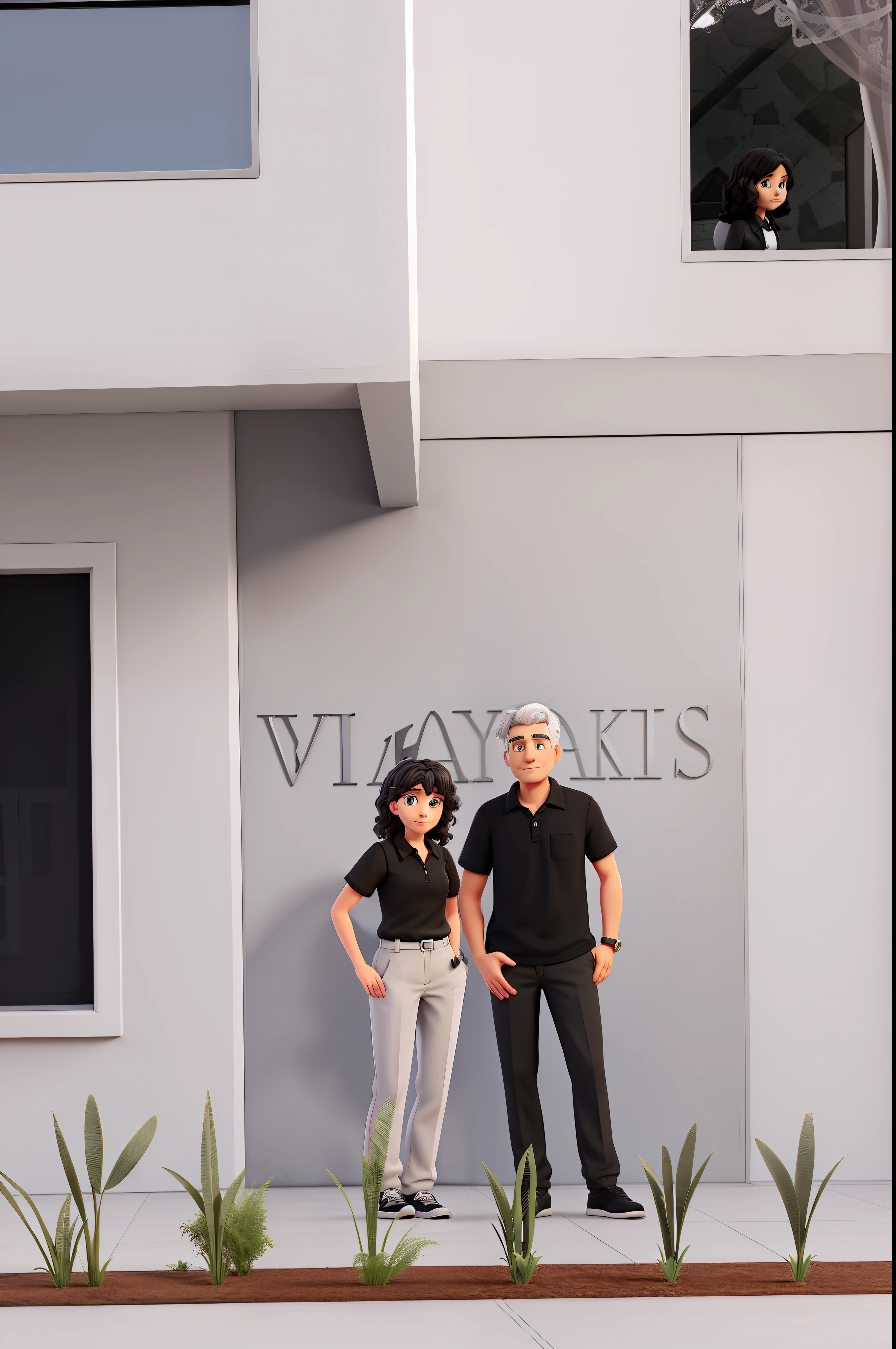 gray-haired man, without beard or mustache with black pants and blouse, black shoes, black watch, next to a woman of approximately 25 years old with white pants, black blouse, large dark brown wavy hair,
Behind them it says Vila Sports