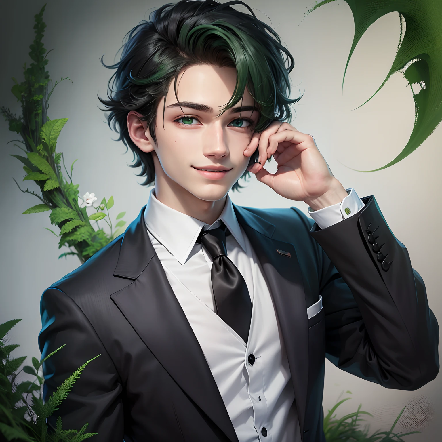An 18 year old man, light green eyes, beautiful lower eyelashes, wearing a black suit, white shirt, black tie, hair slightly covering his eyes, smiling faintly, his eyes looking at the camera, dark moss green hair, HD Quality