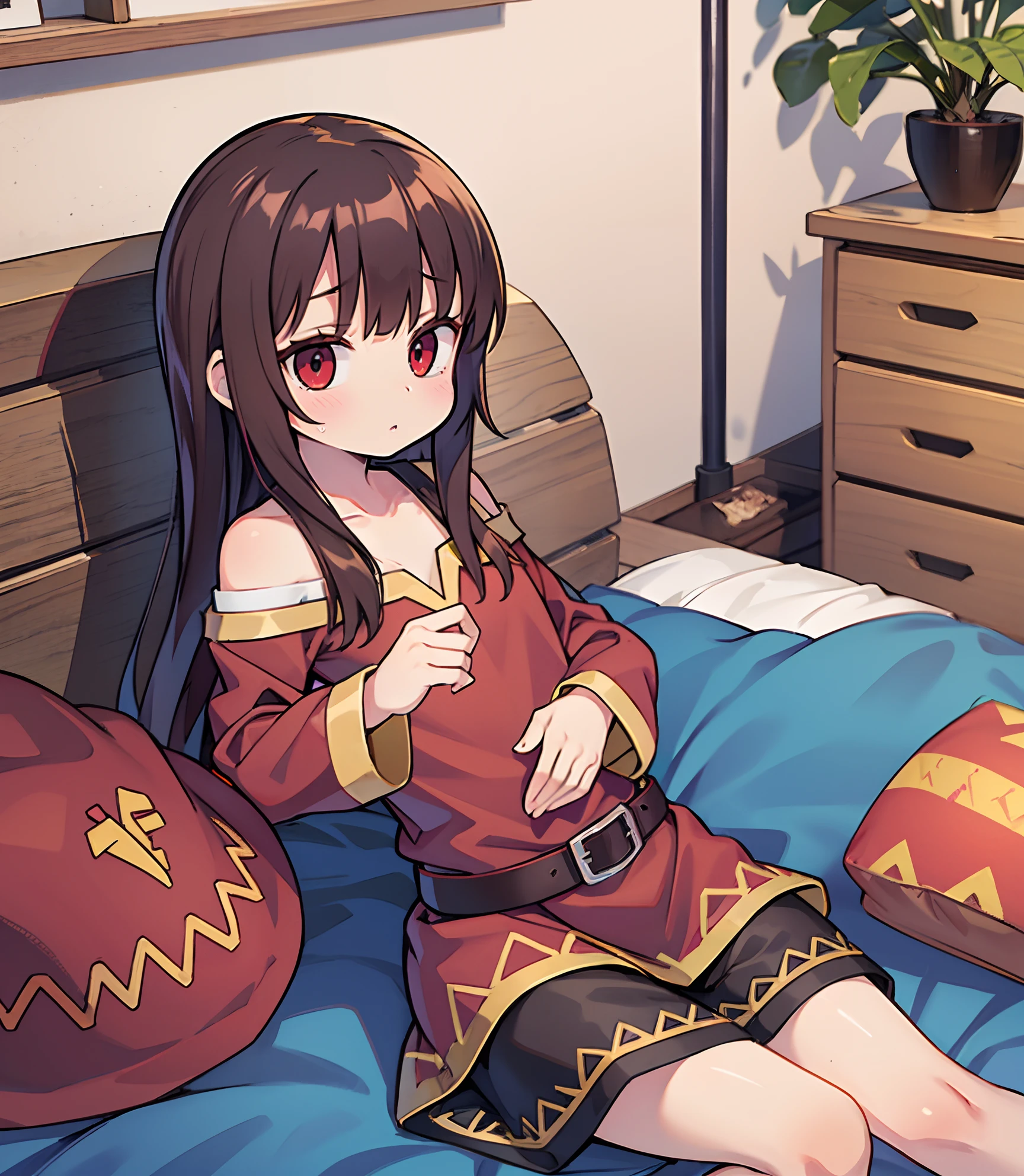 Megumin, red eyes, cabelos curtos, cabelos castanhos,  sentada na cama.