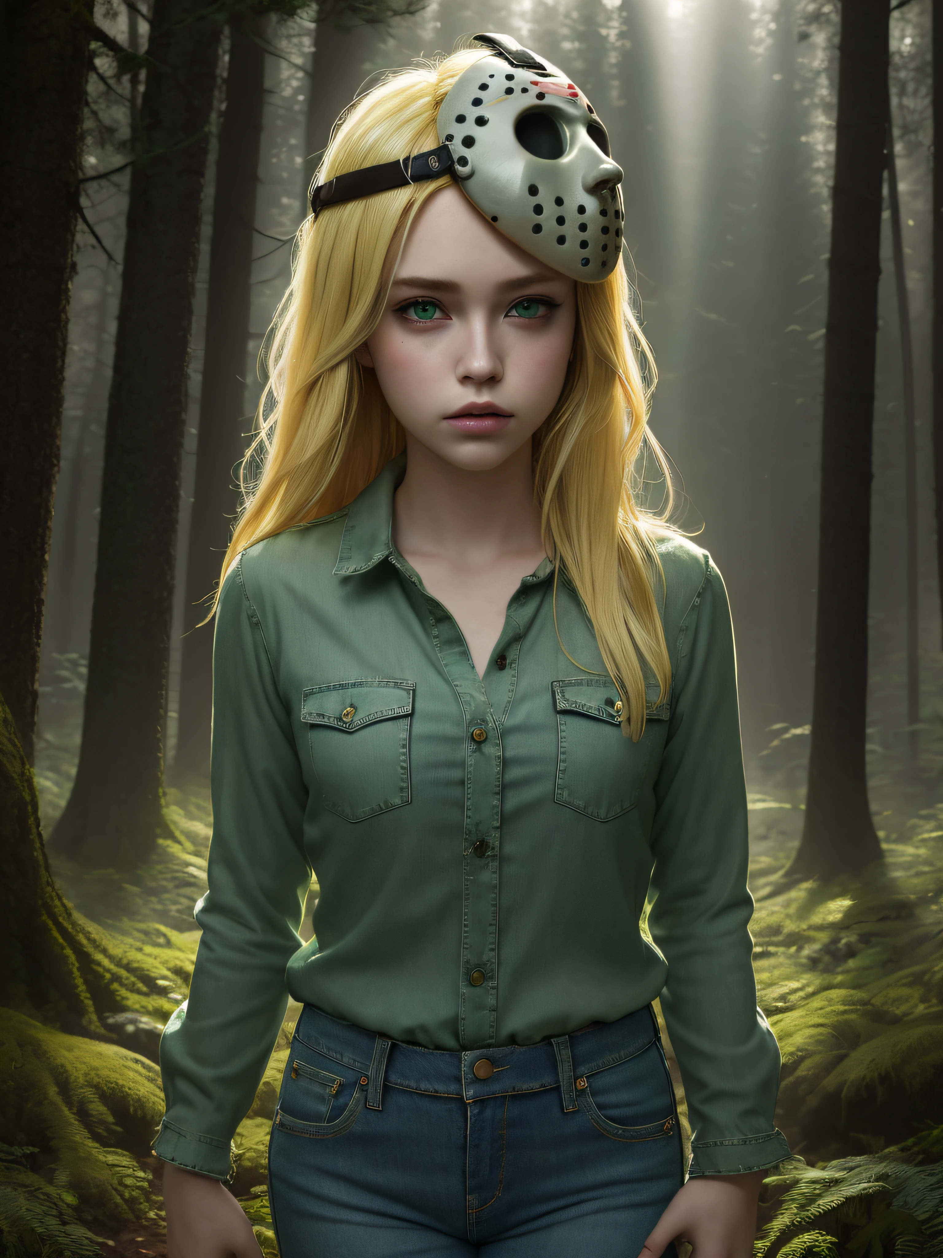 (masterpiece, best quality:1.2), cowboy shot, solo, 1girl, expressionless, looking at viewer, blonde hair, voorheescosplay, green shirt, jeans, forest, volumetric lighting