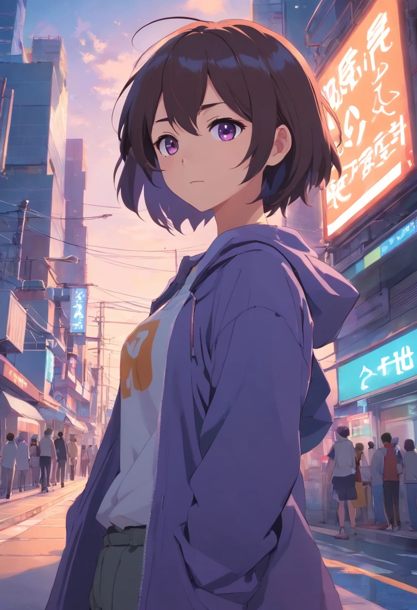 Anime, mulher, roupas largas brancas, fundo totalmente preto, tema roxo, cabelo com poucas mechas na cor roxa, mostrando apenas metade do corpo, anime, virada para a tela, de frente, reta, virada para o espectador