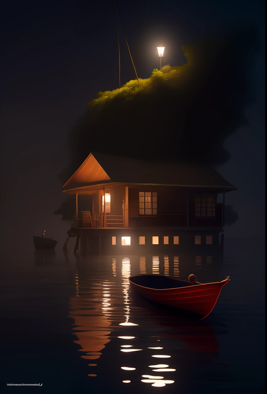 There is a boat that is sitting in the water near a house, noite calma. digital illustation, cena mal-humorada dos desenhos animados, Processado, Aldeia de Kerala iluminada pela lua, pintura fosca em preto e branco, cena colorkey, dark atmosphere illustration, cena surreal, inspirado em Grzegorz Domaradzki, Arte digital escura, mas detalhada, cena mal iluminada