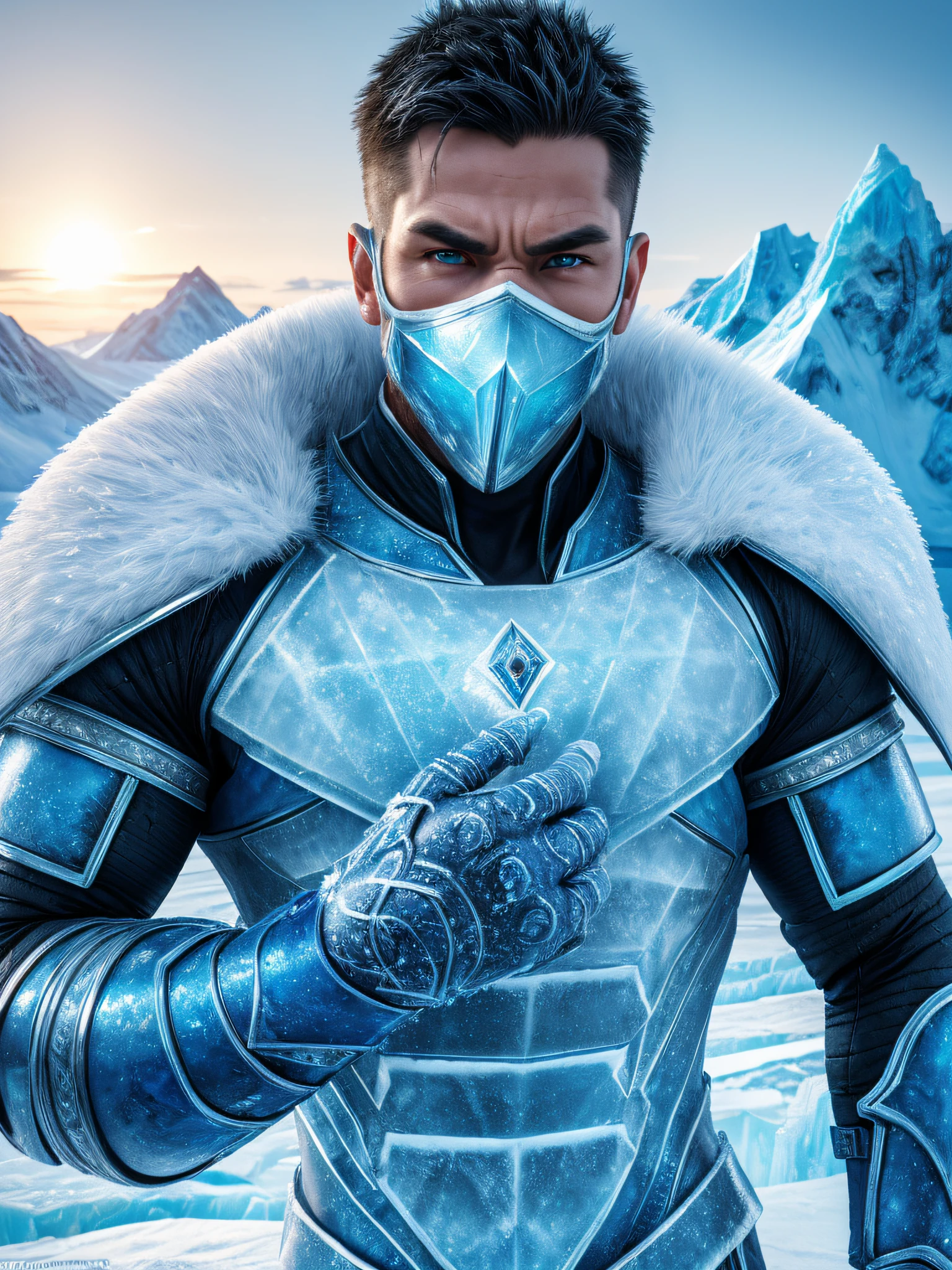 (best quality,4k,8k,highres,masterpiece:1.2),ultra-detailed,(realistic,photorealistic,photo-realistic:1.37),subzero from Mortal Kombat, male character:1.1,mask:1.1,armor:1.1, beautiful detailed eyes,beautiful detailed lips,extremely detailed eyes and face,longeyelashes, ice powers:1.1,icy blue energy emanating from hands,freezing ice blasts,mid-air ice projectiles, icy background:frozen landscape,blizzard,arctic tundra,glacial mountains:1.1,icy crystals:1.1, prompt: (best quality,4k,8k,highres,masterpiece:1.2),ultra-detailed,(realistic,photorealistic,photo-realistic:1.37),subzero,character:1.1,mask:1.1,armor:1.1, beautiful detailed eyes,beautiful detailed lips,extremely detailed eyes and face,longeyelashes, ice powers:1.1,icy blue energy emanating from hands,freezing ice blasts,mid-air ice projectiles, icy background:frozen landscape,blizzard,arctic tundra,glacial mountains:1.1,icy crystals:1.1