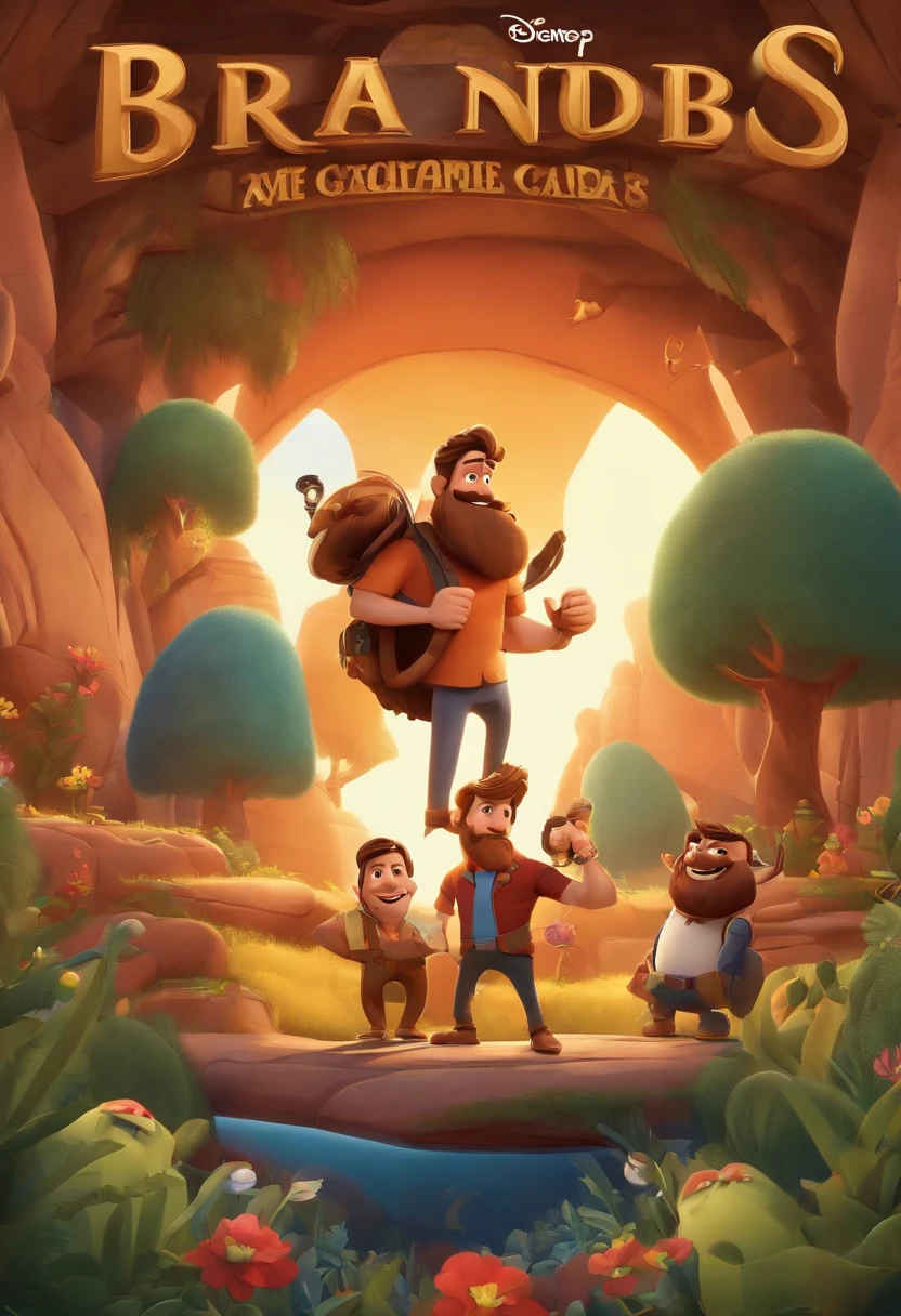 Create a Cartoon Disney Pixar Style Poster, de um homem com barba e cabelo castanhos escuros, em uma sola jogando video game