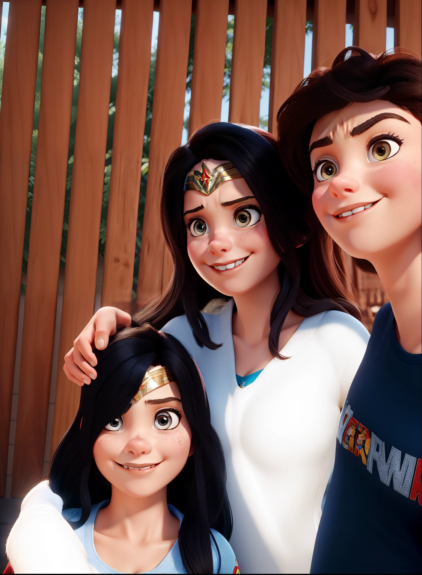 Mulher cabelos pretos, Wonder Woman pattern with Pixar World poster with children a teenager and a girl