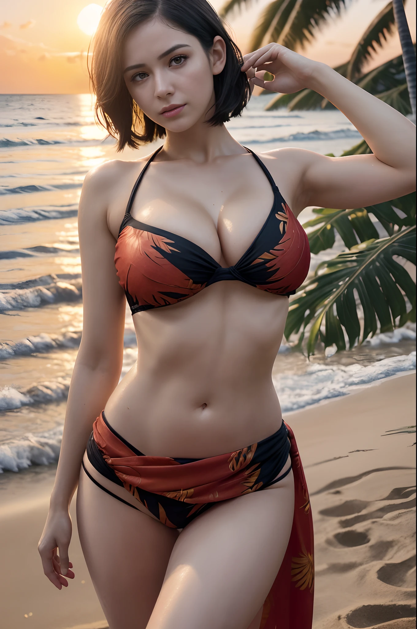 (One Person), (Ultra Realistic Image of a Gorgeous 25 Years Old British Female Model), (Wavy Bobcut Black Hair:1.2), (Pale Skin:1.6),  (Detailed Oily and Sweaty Skin:1.2), (Wearing Red and Black Sarong-Style ??????:1.4), (Busty Cup Size:1.6), (Dynamic Pose:1.4), (Clean Armpits:1.4), (Tropical Beach at Evening with Sunset:1.6), Centered, (Waist-up Shot:1.4), From Front Shot, Insane Details, Intricate Face Detail, Intricate Hand Details, Cinematic Shot and Lighting, Realistic Colors, Masterpiece, Sharp Focus, Ultra Detailed,  Taken with DSLR camera, Realistic Photography, Depth of Field, Incredibly Realistic Environment and Scene,  Master Composition and Cinematography