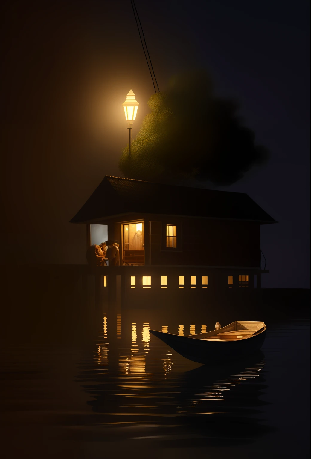 There is a boat that is sitting in the water near a house, noite calma. digital illustation, cena mal-humorada dos desenhos animados, Processado, Aldeia de Kerala iluminada pela lua, pintura fosca em preto e branco, cena colorkey, dark atmosphere illustration, cena surreal, inspirado em Grzegorz Domaradzki, Arte digital escura, mas detalhada, cena mal iluminada