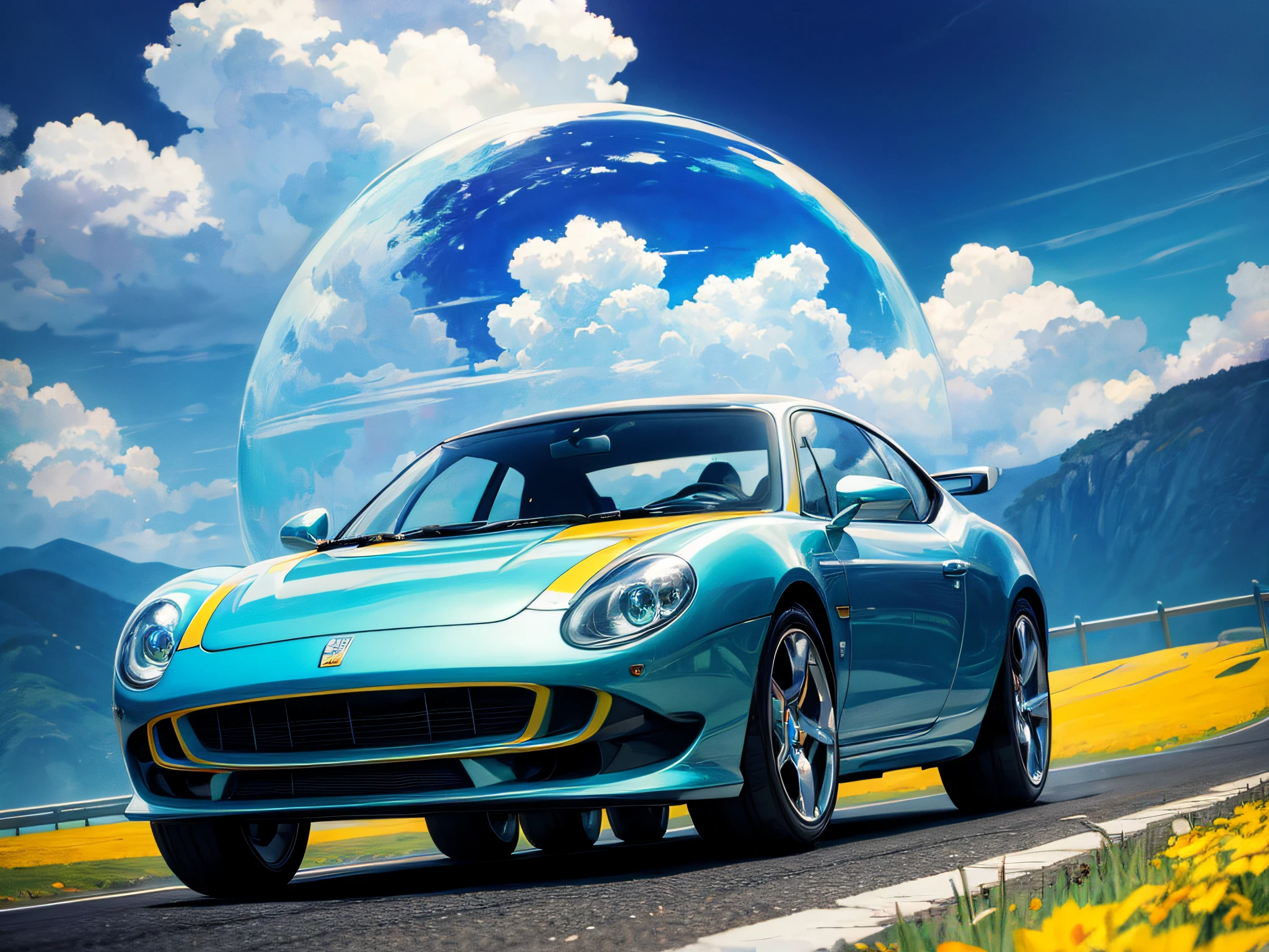 futuristic car, technicolor road and sky, in the style of Vincent van Gogh and Salvador Dalí