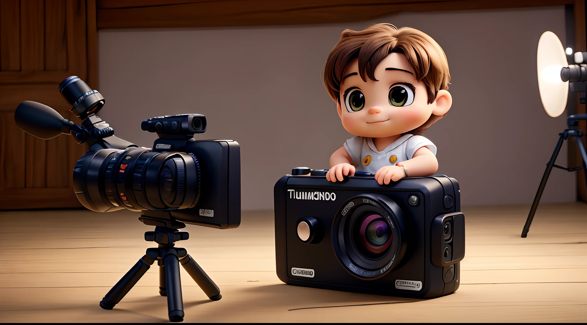 A newborn baby with a camcorder, filmando tudo, olhando no viewfinder, melhor qualidade, maior qualidade, Light Volumetric