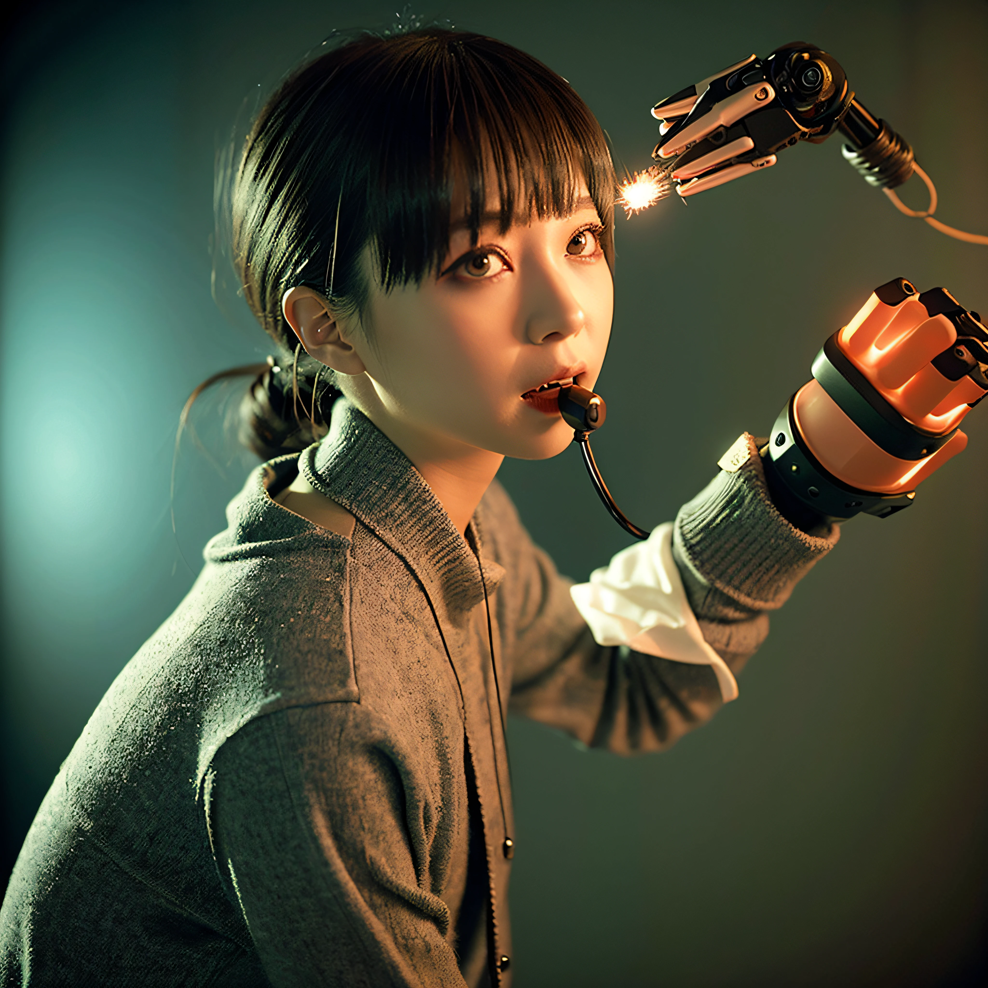 ((calidad superior)), ((obra maestra)), ((realista)), (Los detalles), (fotorrealista:1.5), Science-Fiction, HDR, Trazado de rayos, NVIDIA RTX, Los ultra-Highres, Irreal 5, Sub-Surface Scatterring, PBR texturizado, Post-procesamiento, Anisotropic filtering, Profundidad de campos, maximum sharpness and sharpness, Regla de los tercios、8K RAW、(Luminescent Particles:1.4)、(super-detailed CG、Unidad 8k Fondos de pantalla、lighting like a movie、destello de lente、foco nítido. geisha with blood in her mouth, Robotic Parts, Cannon fire, Arte cyberpunk、arquitectura cyberpunk