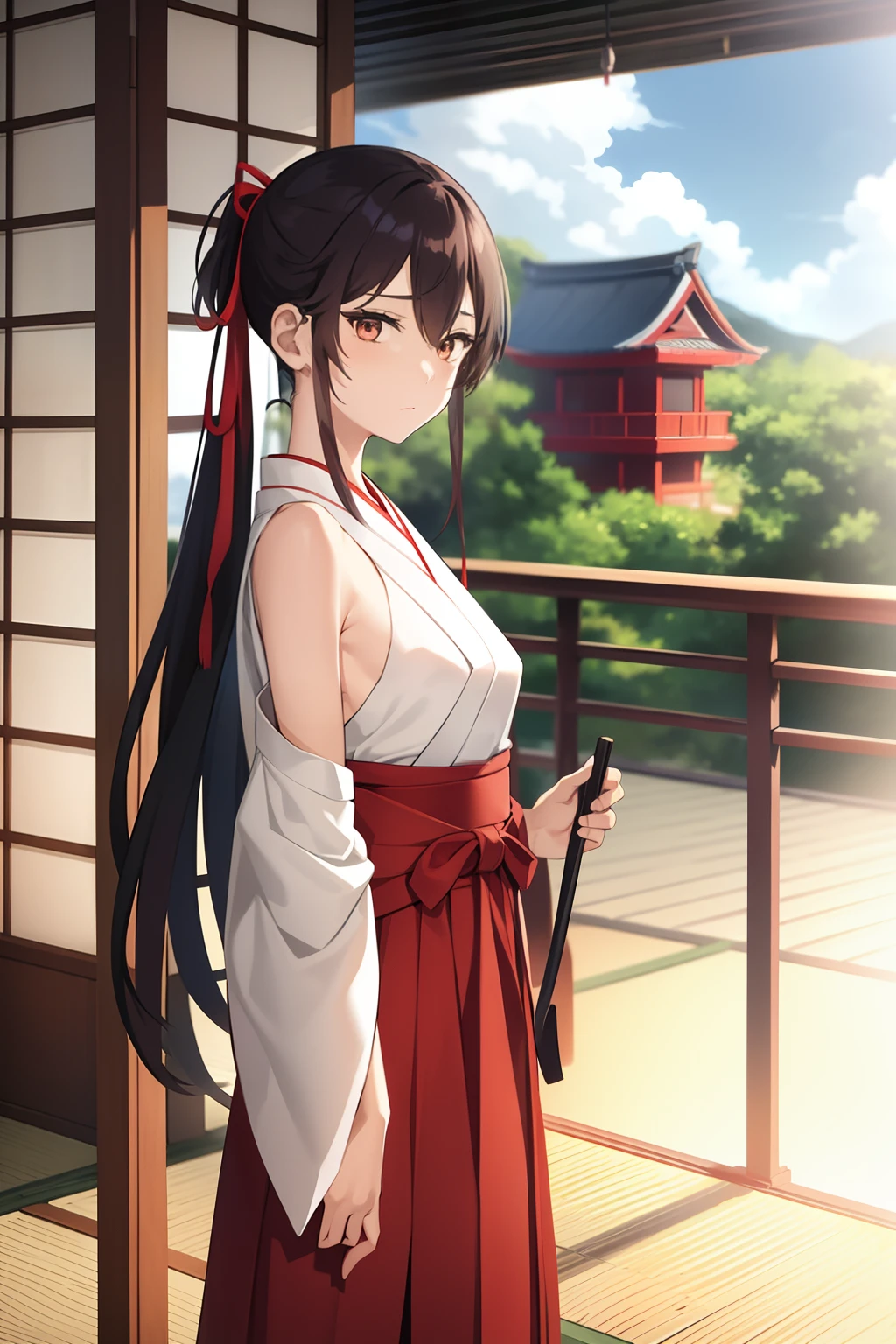 1girl, bangs, bare_shoulders, blue_sky, breasts, brown_eyes, cloud, cloudy_sky, day, detached_sleeves, fence, hair_between_eyes, hair_ribbon, hakama, hakama_skirt, japanese_clothes, kimono, large_breasts, long_hair, looking_at_viewer, obi, railing, red_hakama, red_ribbon, ribbon, sash, shouji, sky, sliding_doors, solo, tree, veranda, white_kimono
((best quality)), ((masterpiece)), (detailed), Sagirin