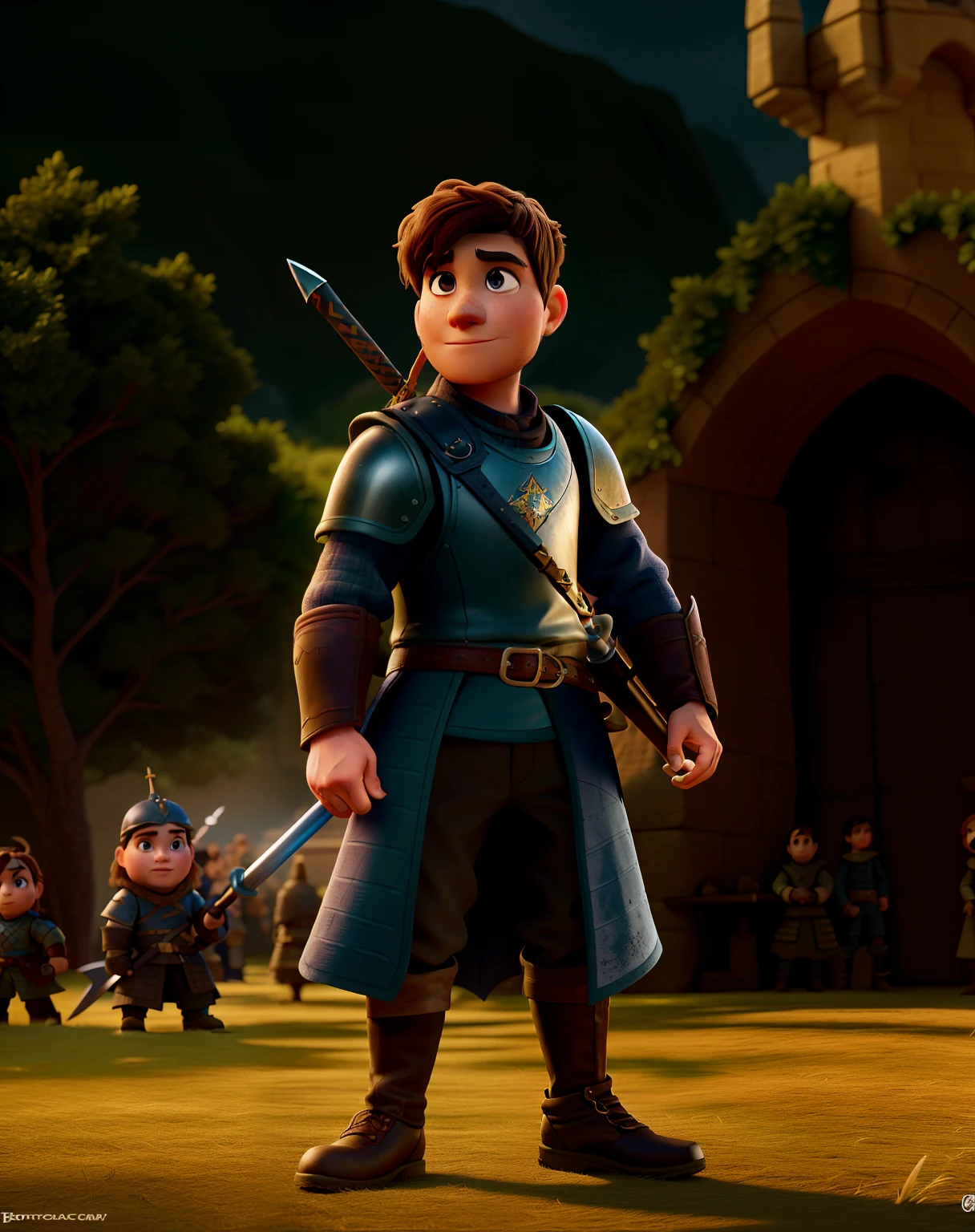 Create an epic Disney pixar movie poster of a Game of thrones character, Um rei guerreiro usando uma coroa, segurando uma espada, usando uma armadura medieval, em Batle Field. Estilo Pixar, Cartoon, cores vibrantes, cinemactic, altamente detalhado, Rosto detalhado, Cinematic lighting.