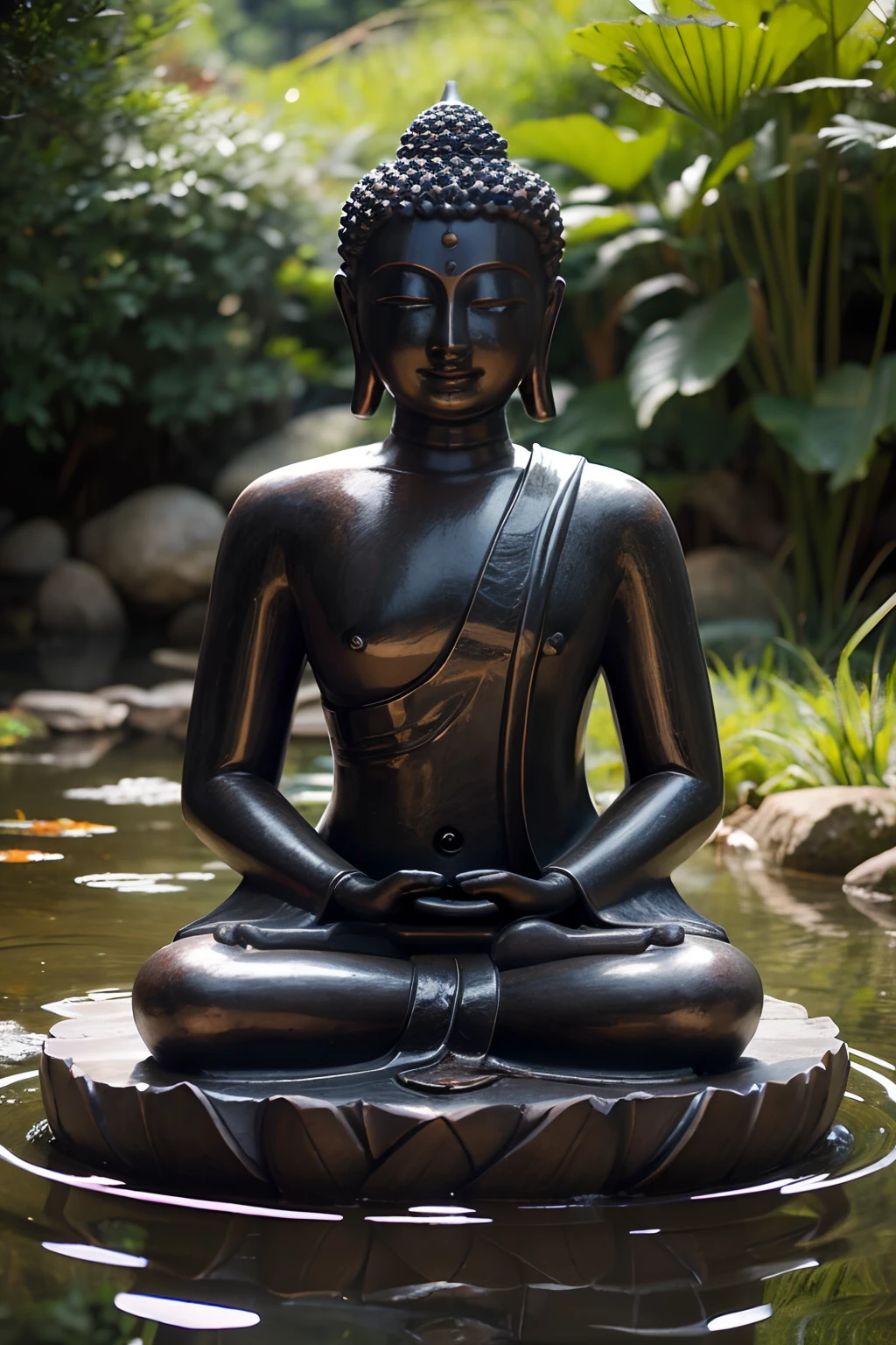 There is a Buddha statue in the pond, a Buddhist Buddha, Zen temple background, Buddhism, Buddhist, On the road to enlightenment, Zen meditation, Buddha, On the road to enlightenment, zen atmosphere, Serene expression, zen natural background, Beautiful image, powerful zen composition, 4K tranquility, zen méditation cyberpunk, a serene smile, Meditation, zen feeling
