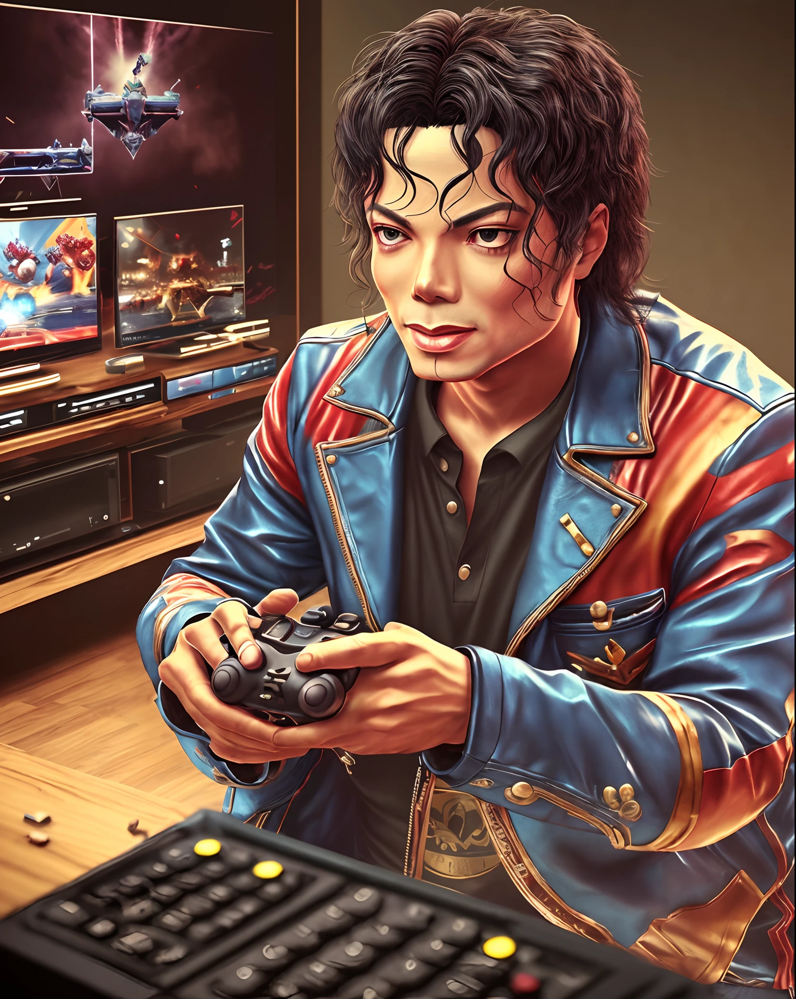 Michael Jackson playing video games, cinematic photographic style, UHD --auto --s2