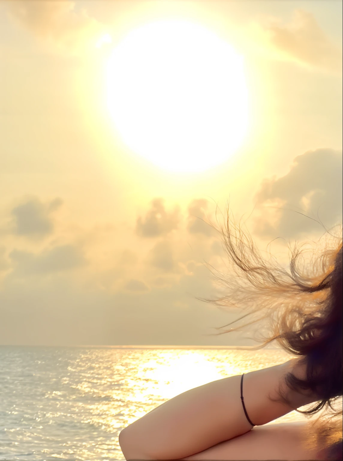 Woman in a colorful dress standing on a stone wall by the sea, Mulher de 30 anos de Cuba, with sunset, Karla Ortiz, Alanis Guillen, in the sunset, in the sunset, inspired by Gina Pellón, posando em uma praia com o oceano, Directed by: Andrée Ruellan, by Gina Pellón