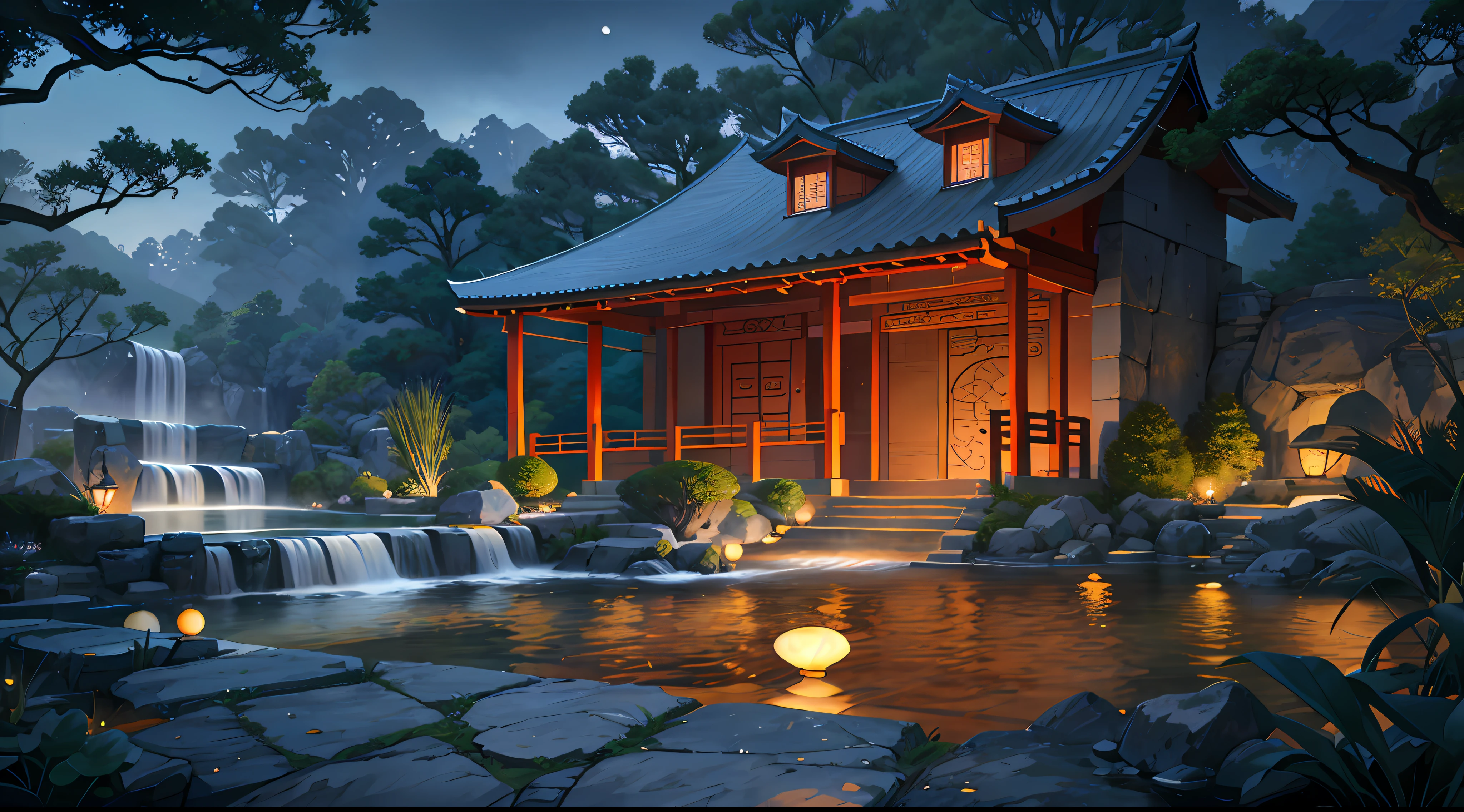 Ancient Chinese architecture, moon, dark night, garden, bamboo, lake, stone bridge, rockery, arch, corner, tree, running water, landscape, outdoor, waterfall, grass, rock, water lily, hot spring, water vapor, (Illustration: 1.0 ), epic composition, realistic lighting, HD details, masterpiece, best quality, (very detailed CG unity 8k wallpapers) --v 6