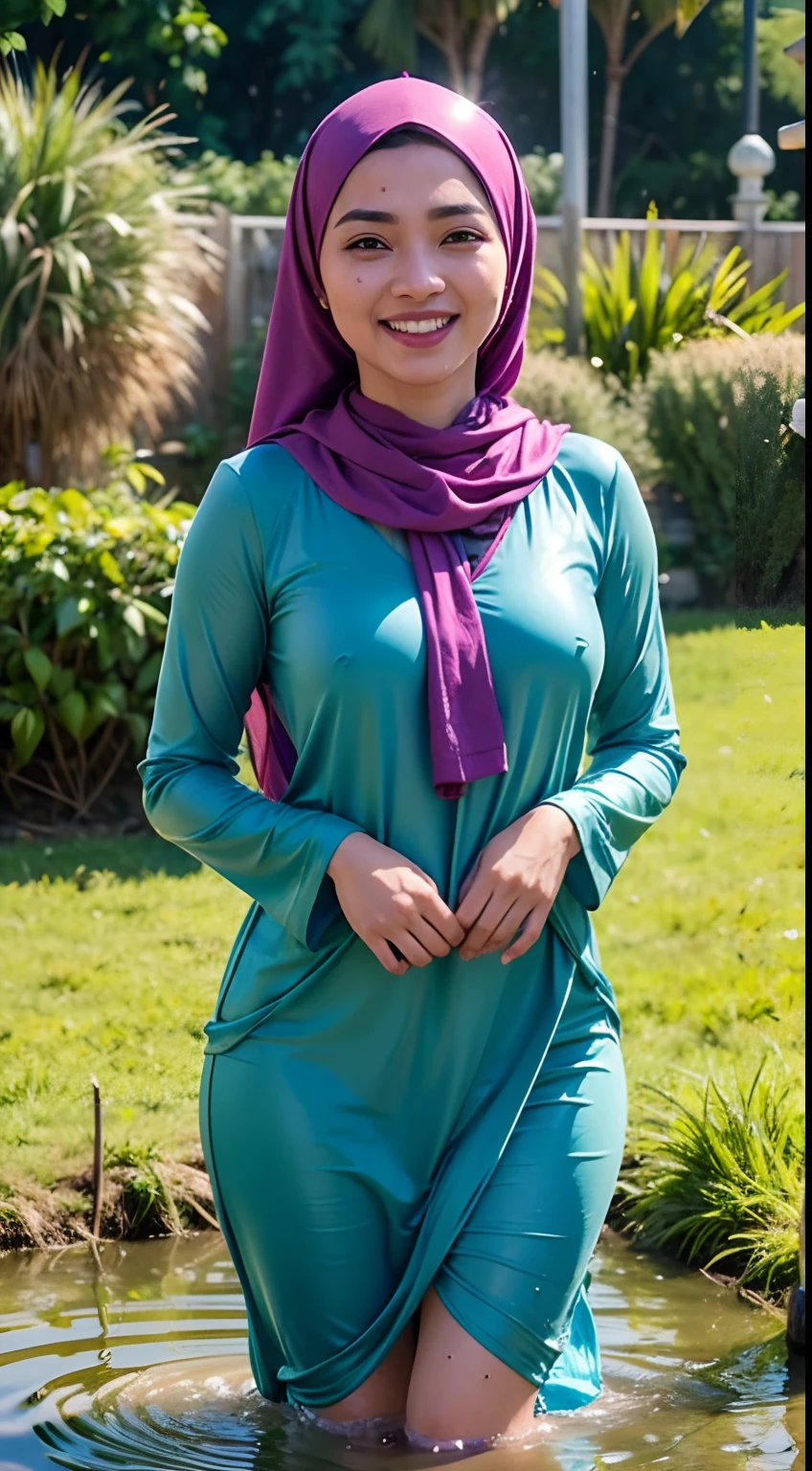 1 women malay wear hijap in rice paddy, bright sunshine, ankle length dress, shawl, long sleeved shirt, bright clothing, dark skin, highres,4k,HDR,1girl, photorealistic, realistic,sweat skin, thin face, standing in water, medium breasts, wet clothes, wet body, soaked, dripping, smiling at viewer, closeup