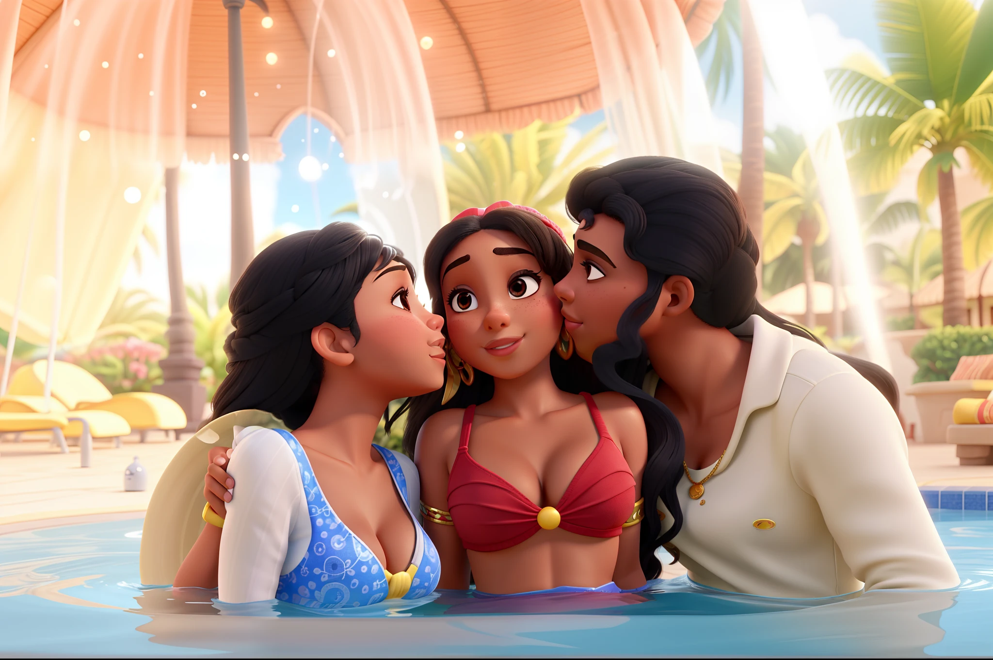 mulher pele morena beijando a filha pele morena junto com homem branco, todos dentro da piscina disney pixar, alta qualidade, melhor qualidade