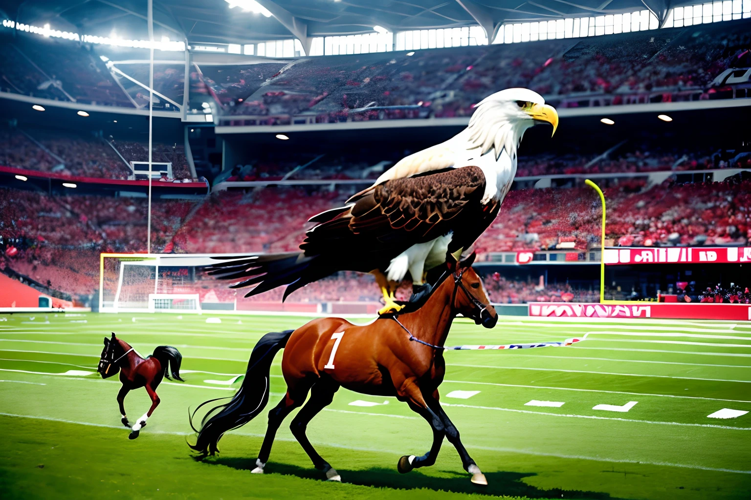 An eagle killing a pony in a football stadium
