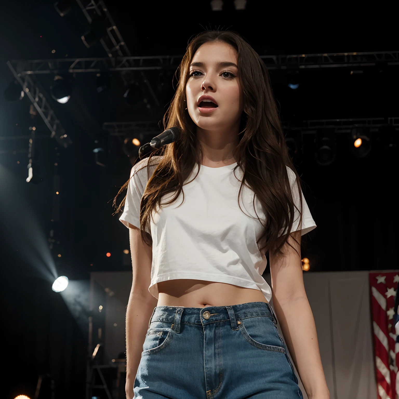 tv_Alena_MXAI, , , intense expression, wearing jeans and a t-shirt, standing on the stage at a crowded rock concert, spotlights, god rays, smoky interior,, 8k resolution, highres, high detail, sharp focus, detailed skin, 8k uhd, bokeh, analog photography, PA7_Human-Likeness