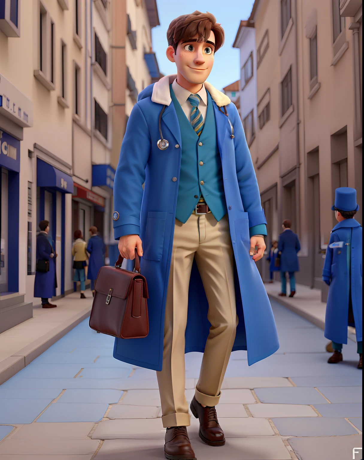 Create a doctor in a blue coat, no bolso escrito dr. Felipe Uhlick