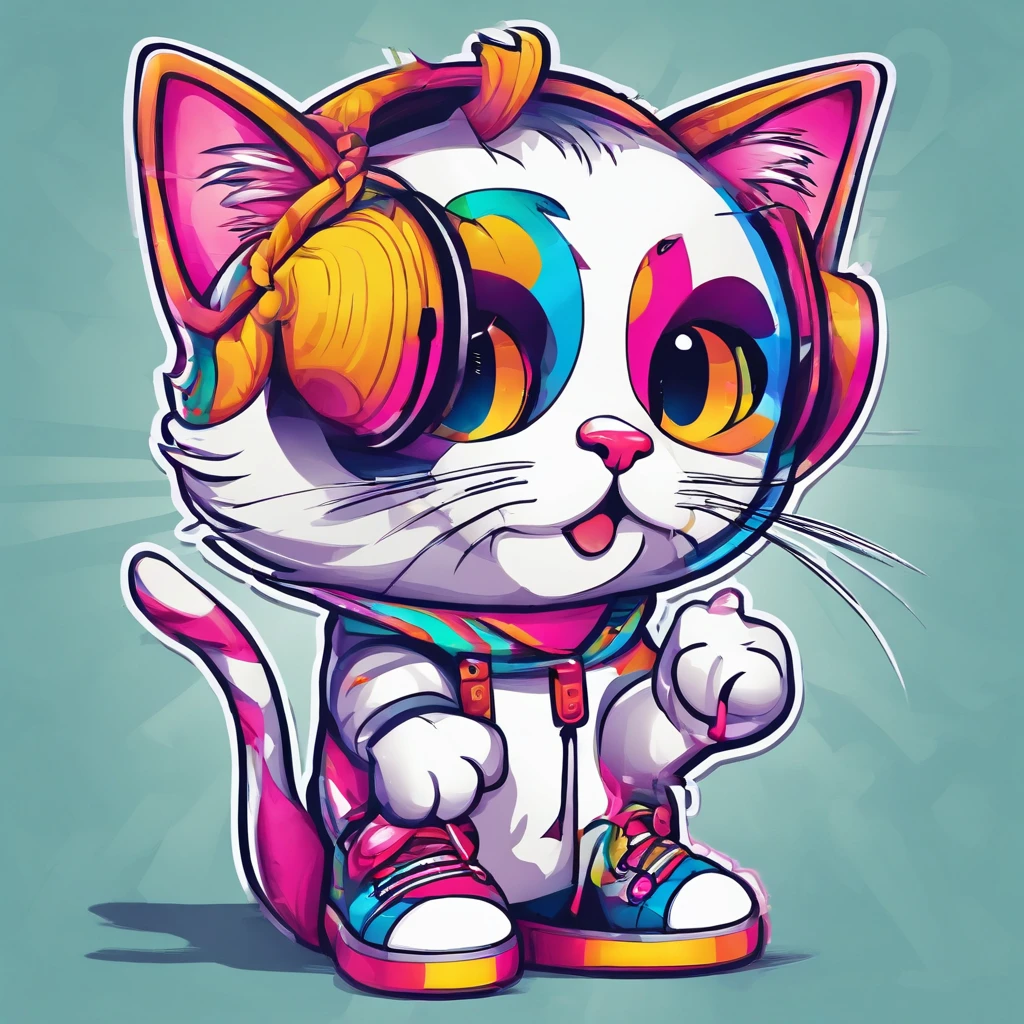 (a cute cat mascot:1.1, long braided hair:1.1, wearing colourful sneakers, holding a microphone, digital art), (best quality:1.2, ultra-detailed, realistic:1.37), vibrant colors, soft lighting