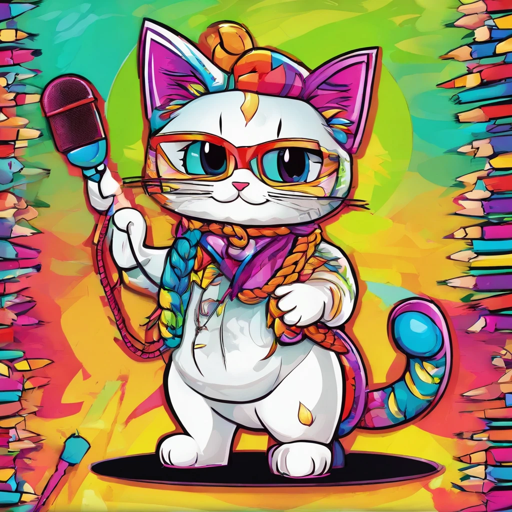 (a cute cat mascot:1.1, long braided hair:1.1, wearing colourful sneakers, holding a microphone, digital art), (best quality:1.2, ultra-detailed, realistic:1.37), vibrant colors, soft lighting