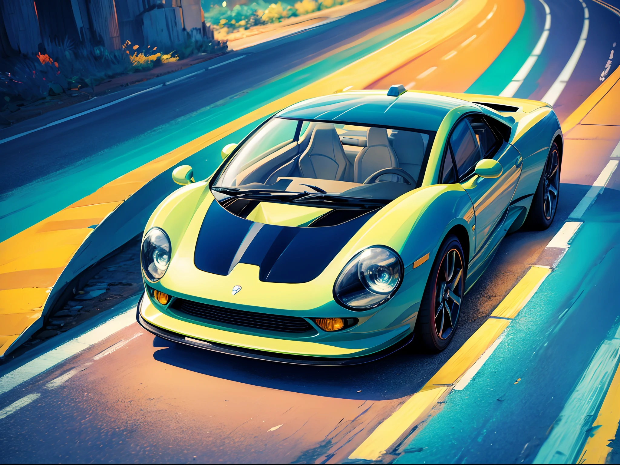 futuristic car, technicolor road and sky, in the style of Vincent van Gogh and Salvador Dalí