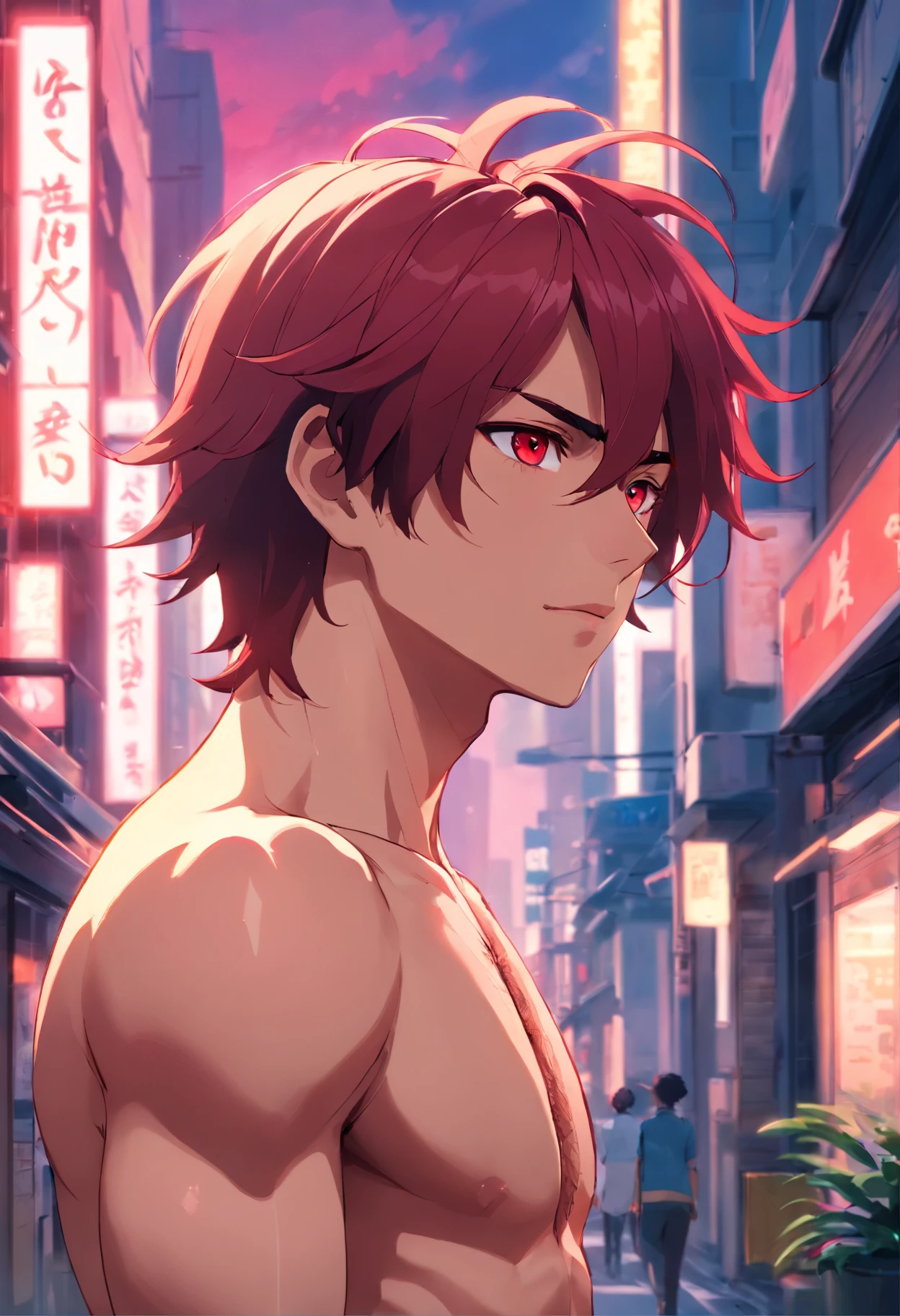 anime male, long lashes, shoulder length wavy hair, crimson eyes, plump pink lips, muscular, shirtless, in city, vibrant lighting, beauty marks, siren eyes, strong jawline, mysterious, dark, moody, edgy, beautiful