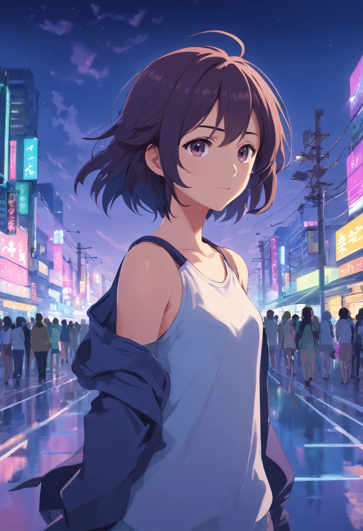 Anime, mulher, roupas largas brancas, fundo totalmente preto, tema roxo, cabelo com poucas mechas na cor roxa, mostrando apenas metade do corpo, anime, virada para a tela, de frente, reta, virada para o espectador