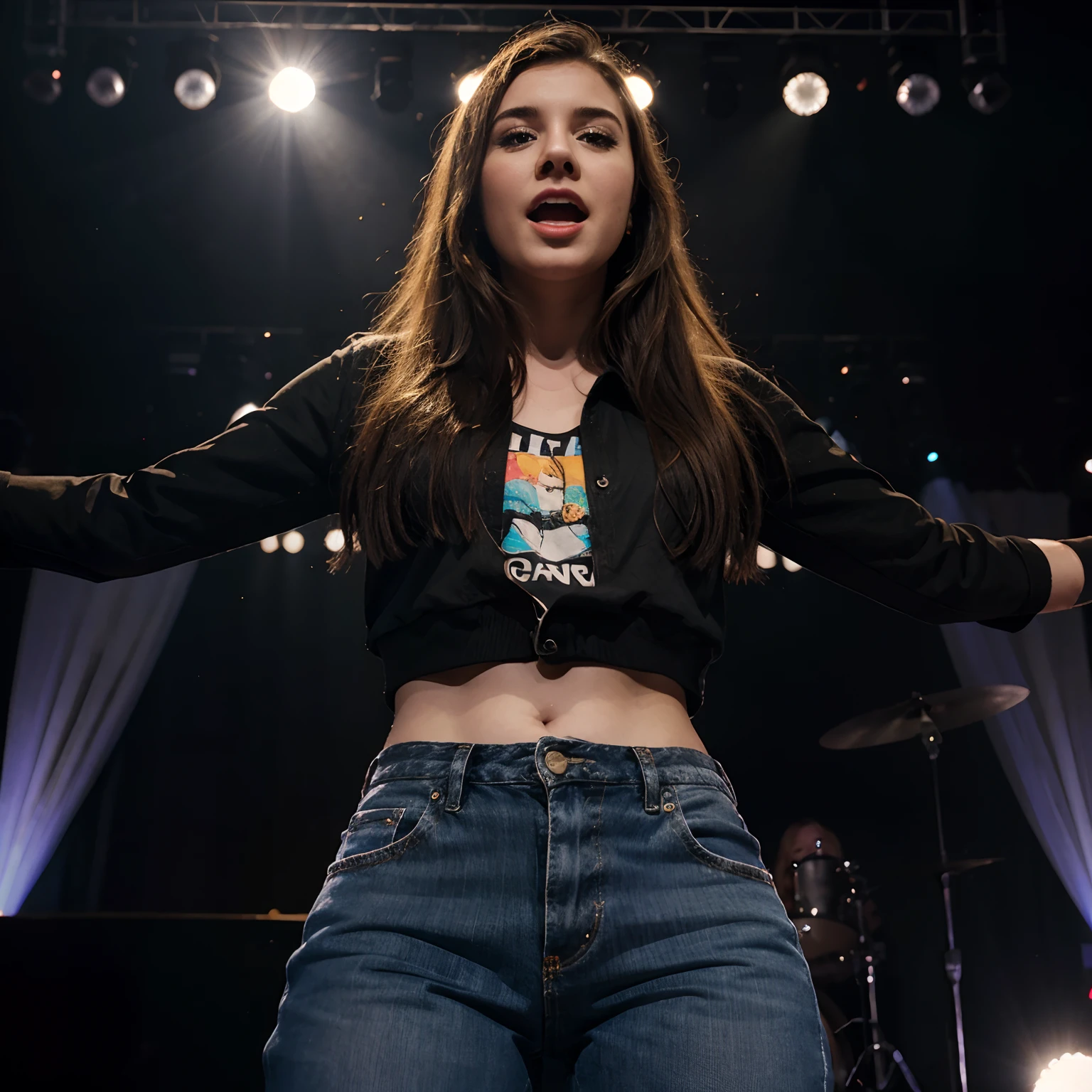 America young woman singing, stage, spotlight, real, detail