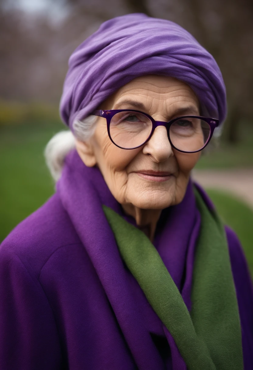 masterpiece, best quality, an old woman with glasses and a scarf on, wearing a purple coat and green scarf, standing at the park
