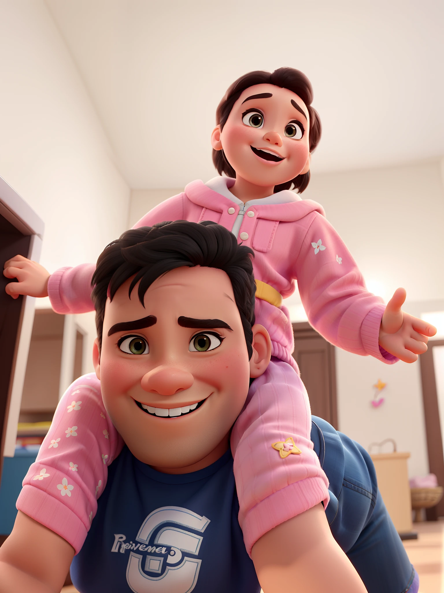 Um pai brincando feliz com sua filha na cacunda estilo disney pixar, alta qualidade, melhor qualidade