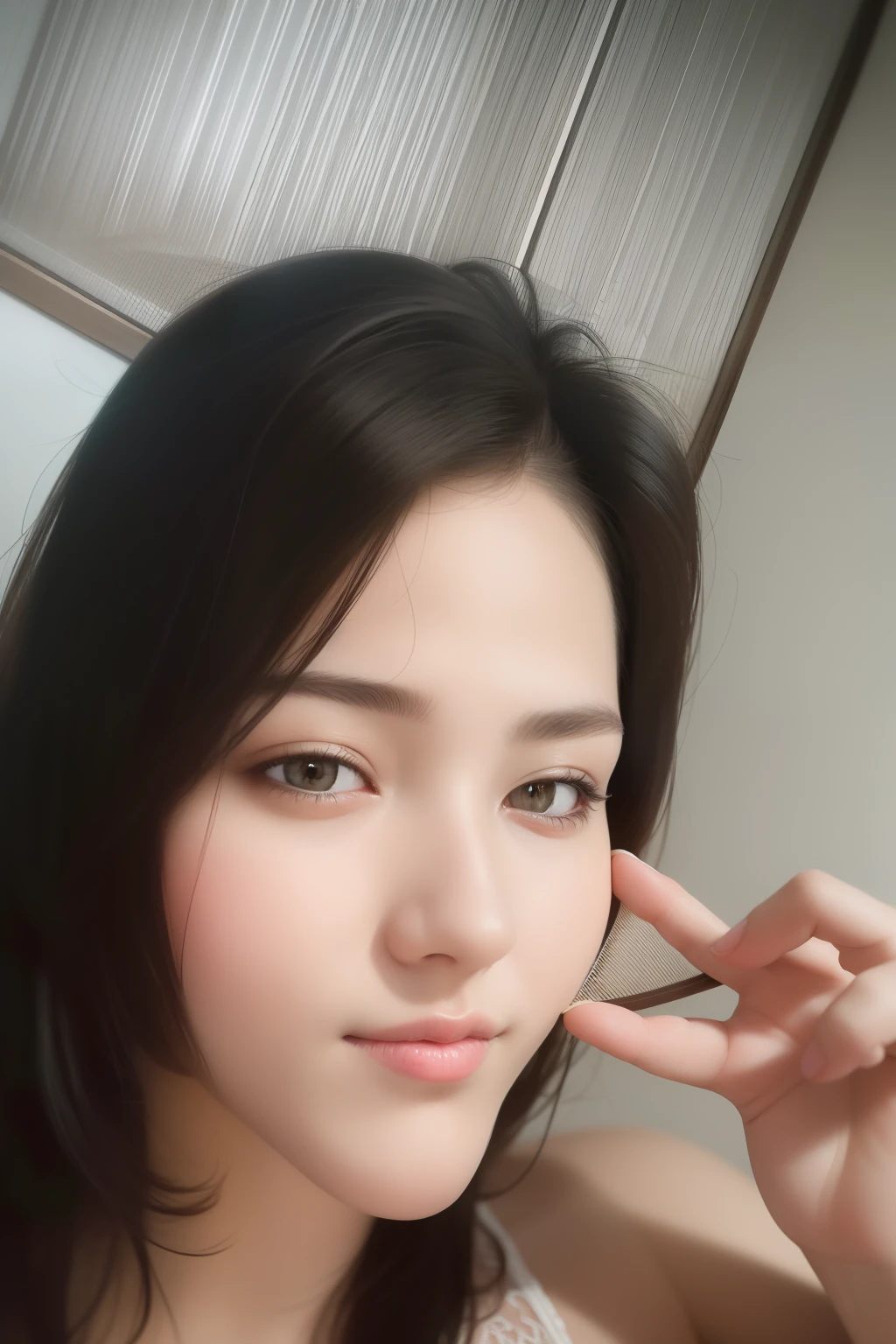 best quality, masterpiece, (realistic:1.2), 1 girl, brown hair, brown eyes,Front, detailed face, beautiful eyes,upper body,white diamond necklace,Lace bra