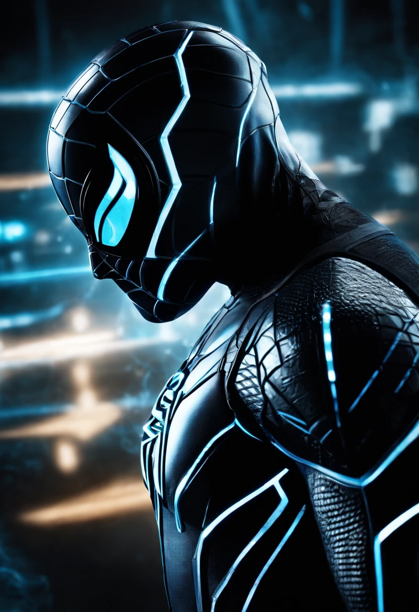 Tron Combined with Spiderman, tron legacy, battle pose, crystal clear image, intricate details, close up, battle scars, black and blue themed, simulation world, glowing web