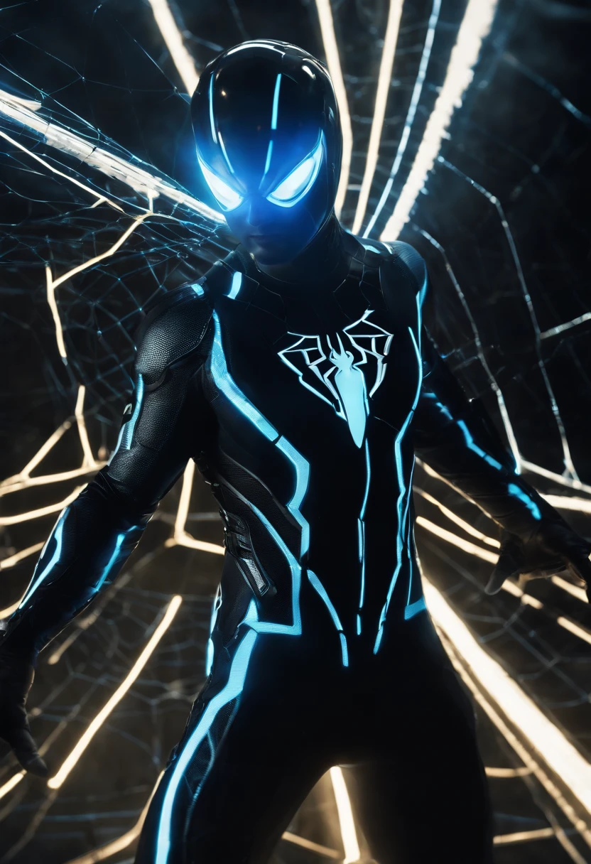 Tron Combined with Spiderman, tron legacy, battle pose, crystal clear image, intricate details, close up, battle scars, black and blue themed, simulation world, glowing web