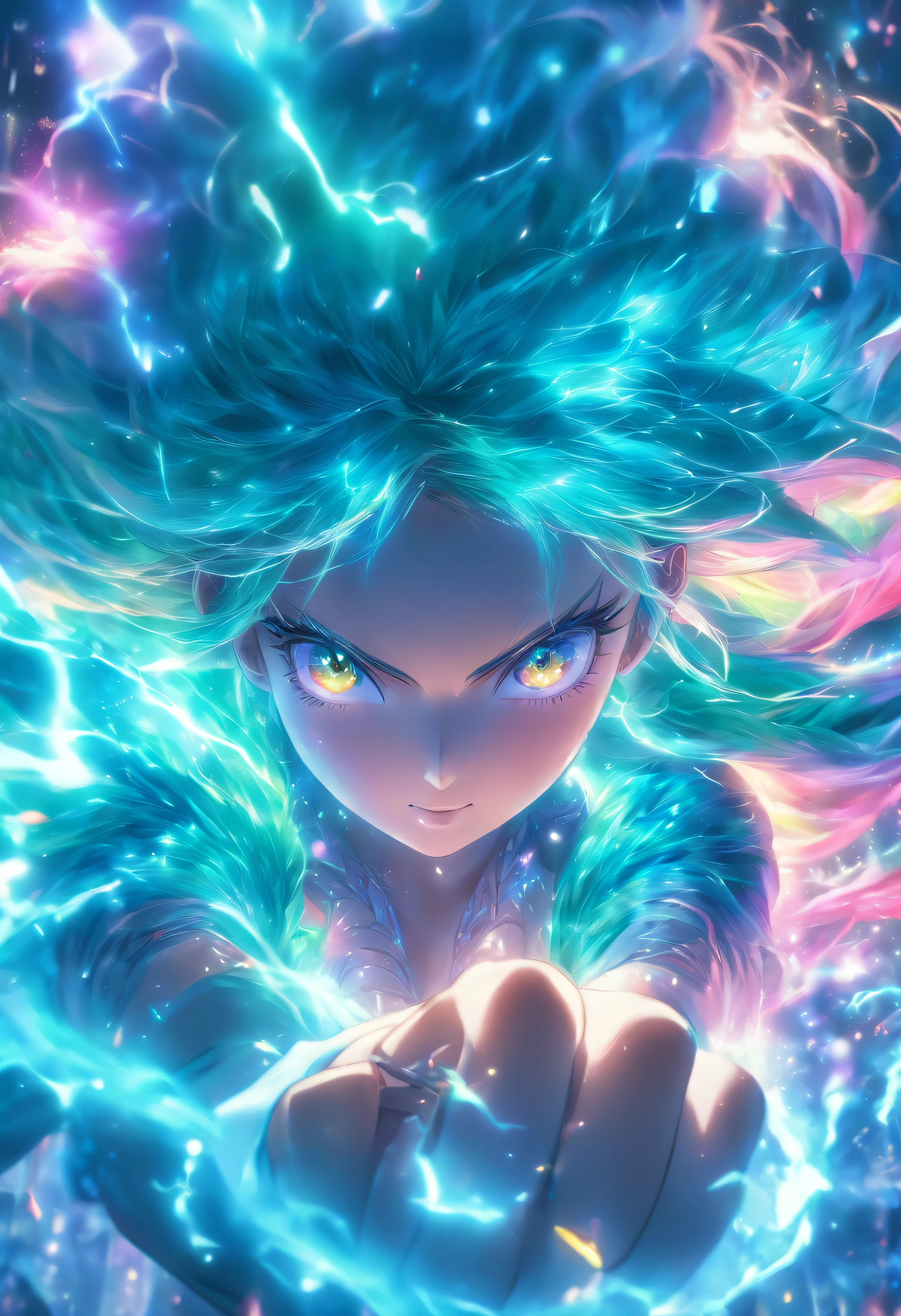 (best quality,4k,8k,highres,masterpiece:1.2),ultra-detailed,(realistic,photorealistic,photo-realistic:1.37),female with glowing teal eyes,rainbow colored hair,casting glowing spells,mystical forest,illustration,enchanted atmosphere,vibrant colors,soft lighting