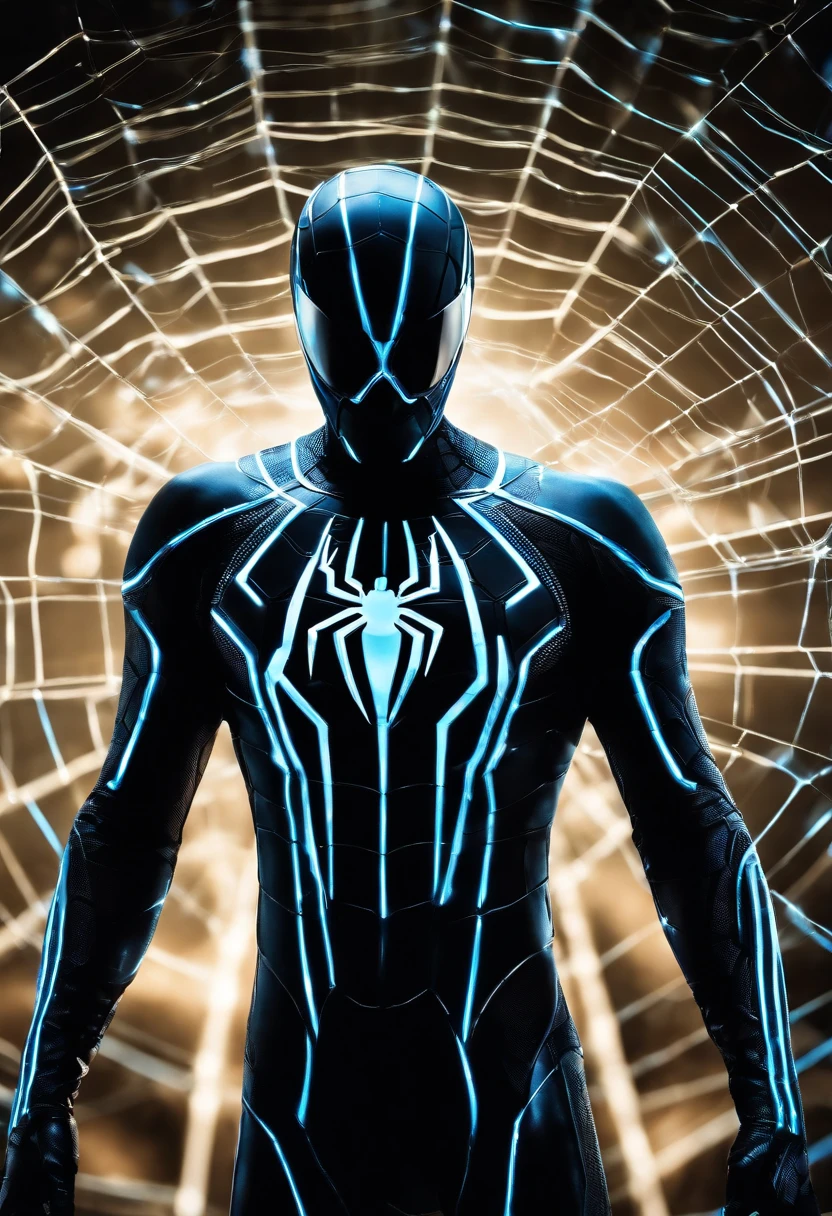 Tron Combined with Spiderman, tron legacy, battle pose, crystal clear image, intricate details, close up, battle scars, black and blue themed, simulation world, glowing web
