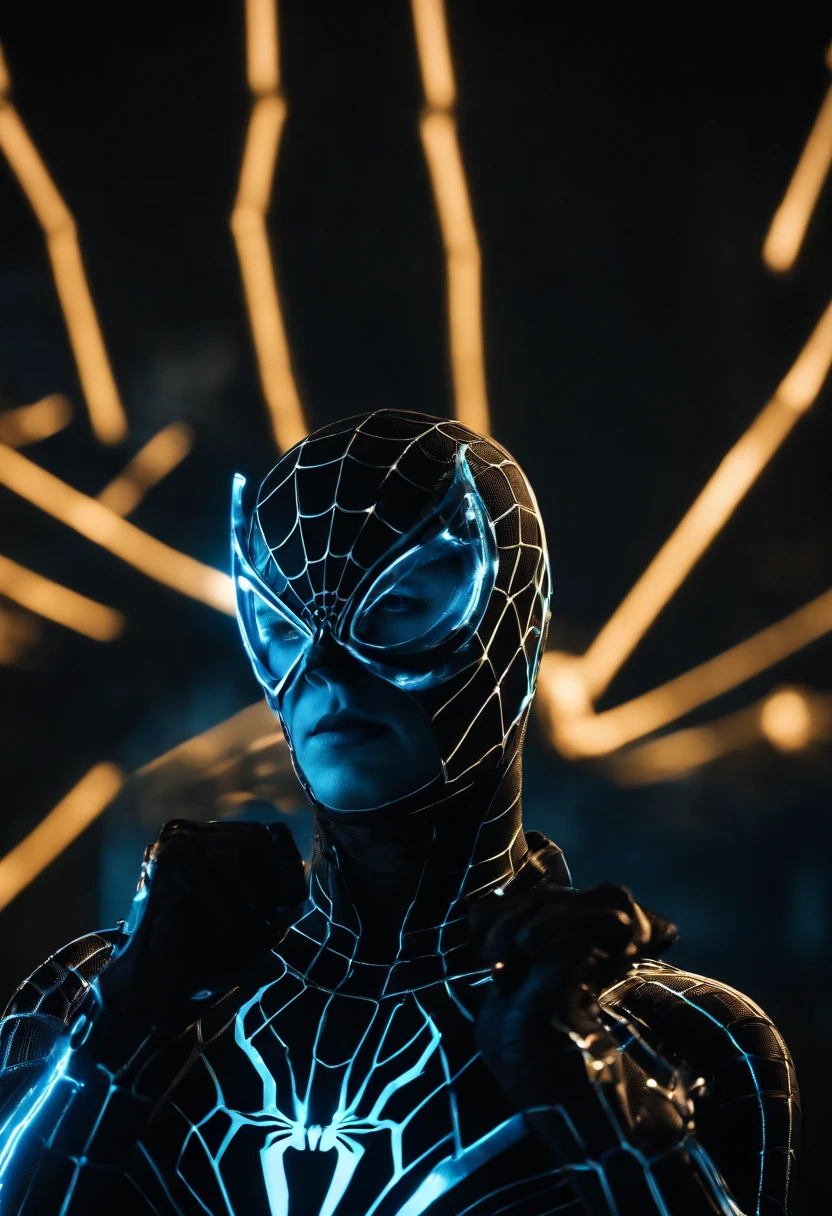 Tron Combined with Spiderman, tron legacy, battle pose, crystal clear image, intricate details, close up, battle scars, black and blue themed, simulation world, glowing web