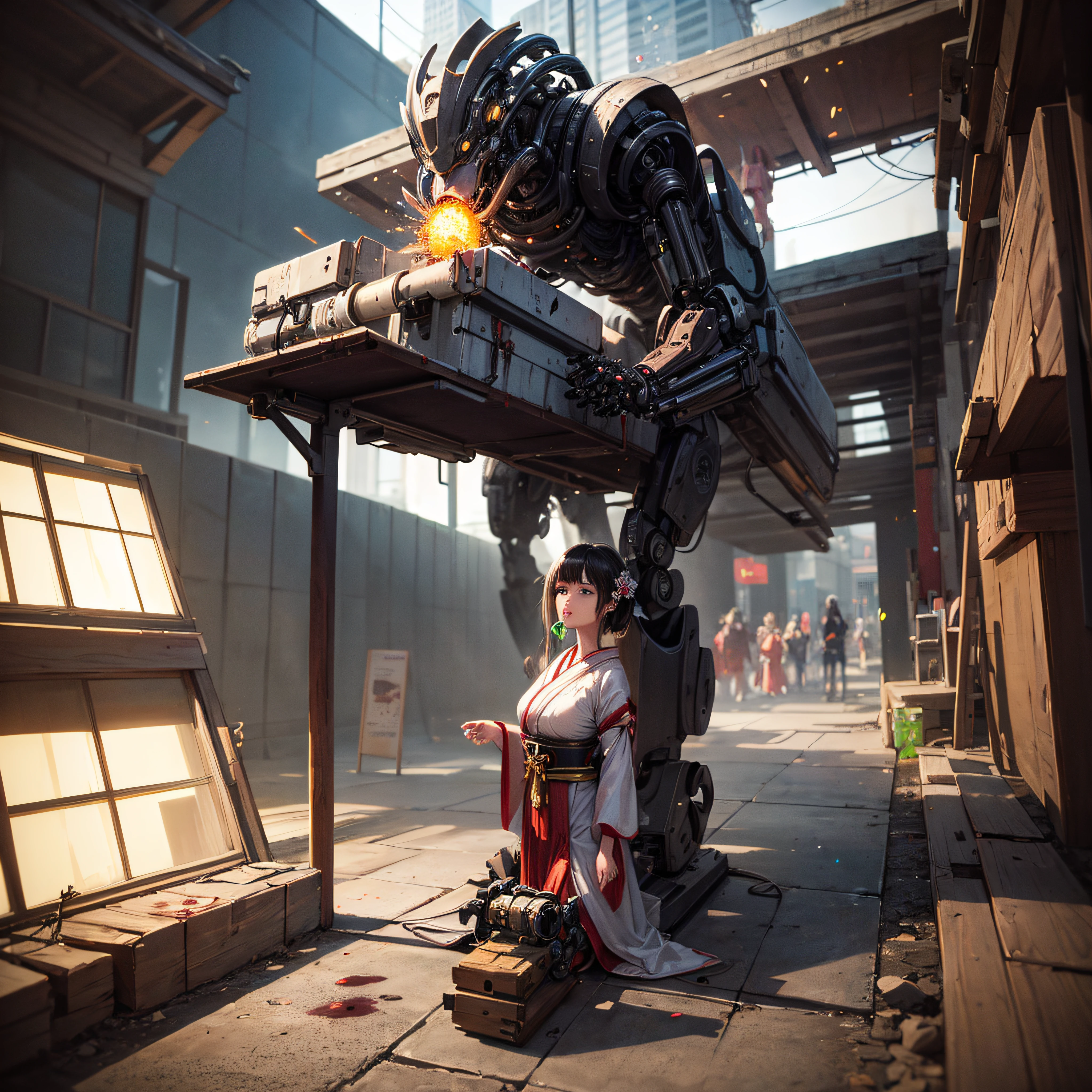 ((calidad superior)), ((obra maestra)), ((realista)), (Los detalles), (fotorrealista:1.5), Science-Fiction, HDR, Trazado de rayos, NVIDIA RTX, Los ultra-Highres, Irreal 5, Sub-Surface Scatterring, PBR texturizado, Post-procesamiento, Anisotropic filtering, Profundidad de campos, maximum sharpness and sharpness, Regla de los tercios、8K RAW、(Luminescent Particles:1.4)、(super-detailed CG、Unidad 8k Fondos de pantalla、lighting like a movie、destello de lente、foco nítido. geisha with blood in her mouth, Robotic Parts, Cannon fire, Arte cyberpunk、arquitectura cyberpunk