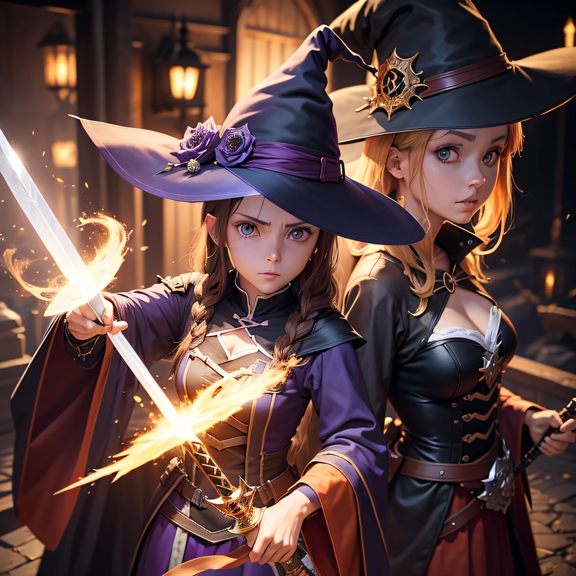 Make a 4k halloween image based on anime sword art online, A witch casting magic in the background.
